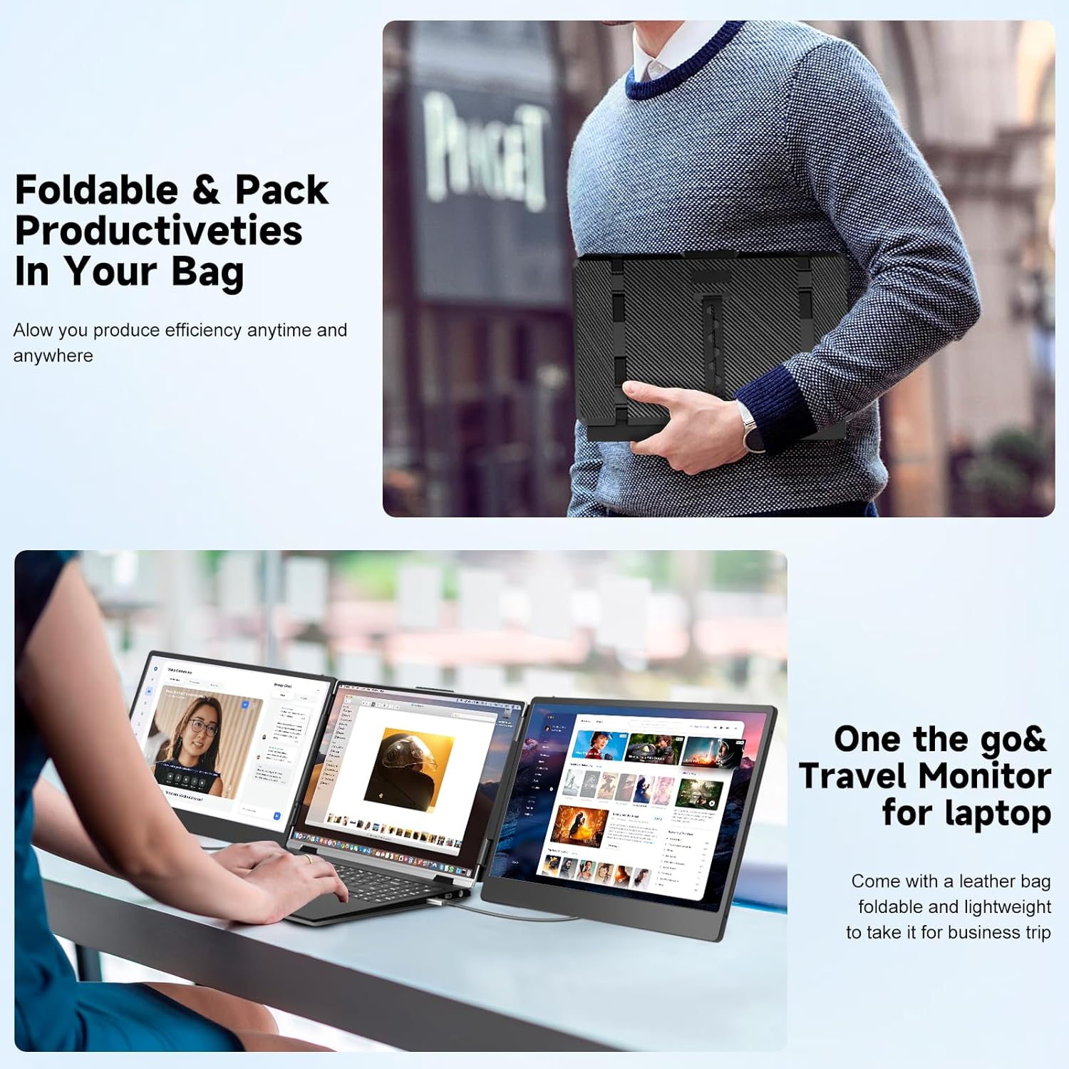 Siaviala S2 Üçlü Dizüstü Bilgisayar Ekran Genişletici katlanarak taşıma çantasına yerleştirildi, kablolar da yanına konuldu.