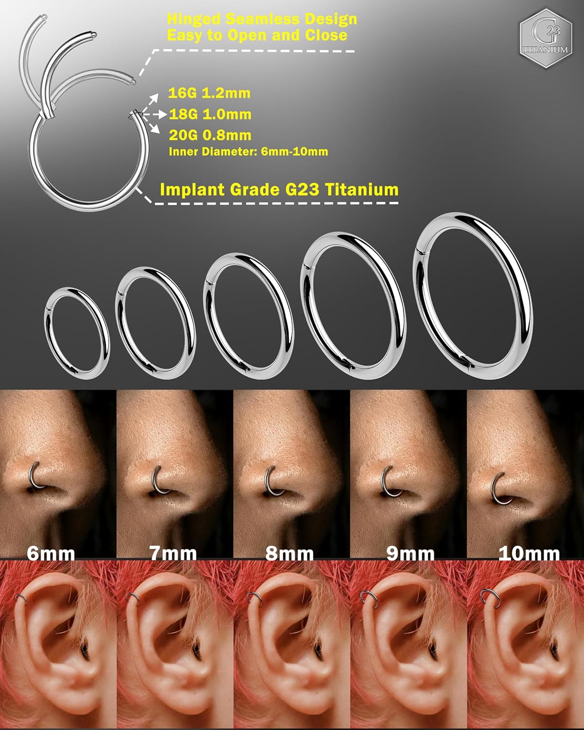 Jewseen 2PCS Titanium Nose Rings Hoops 16G/18G/20G Nose Ring for Women Hinged Clicker Nose Piercing Jewelry Septum Rings Surgical Steel Helix Daith Tragus Conch Hoop Earrings Cartilage Hoop for Women - Image 4
