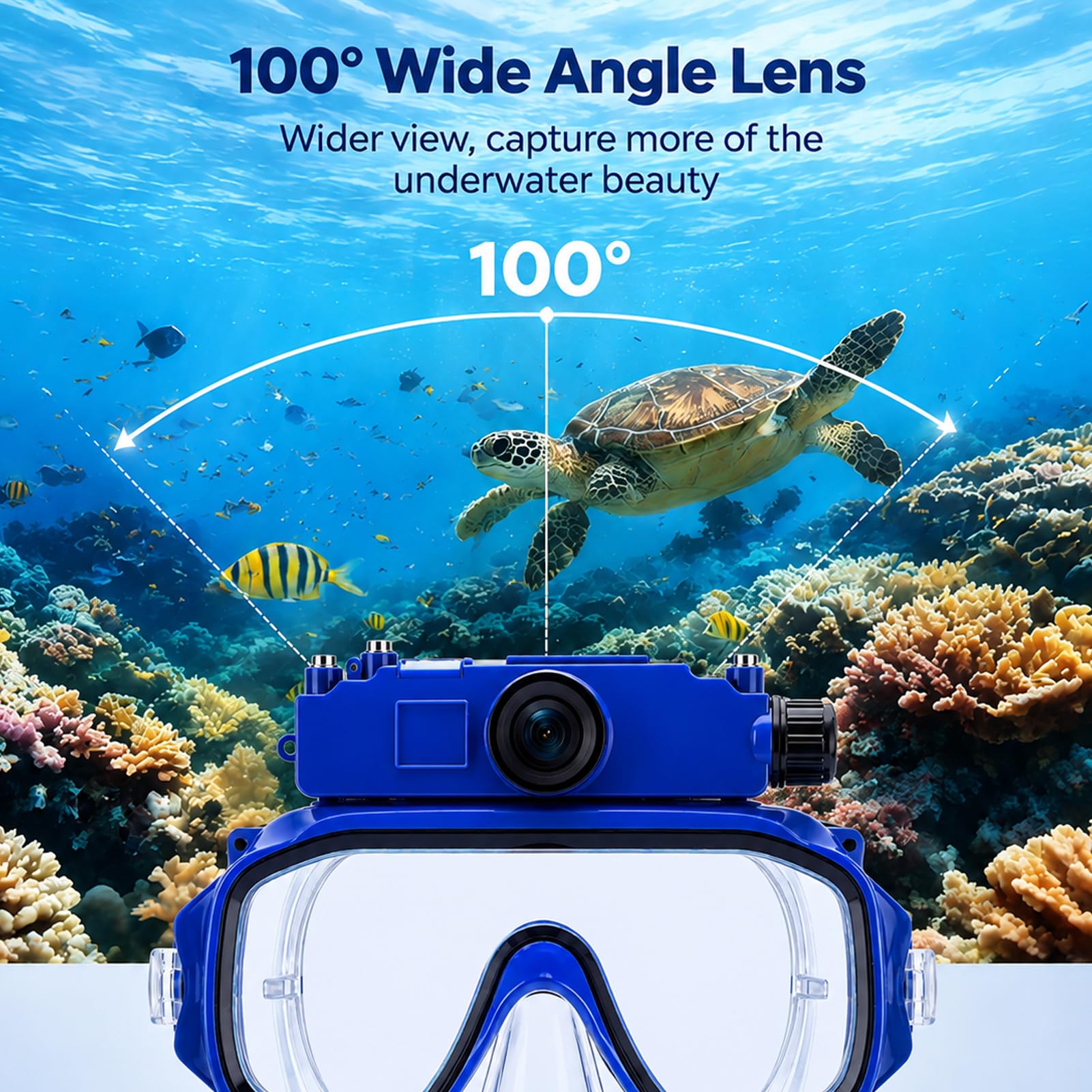 Denash Gafas de Buceo con Cámara, Máscara de Buceo para Snorkel y Uso con | Fotografía Subacuática 2K, Lente Gran Angular FOV de 100°, Soporte de Profundidad de 15M, Estabilización de Imagen con