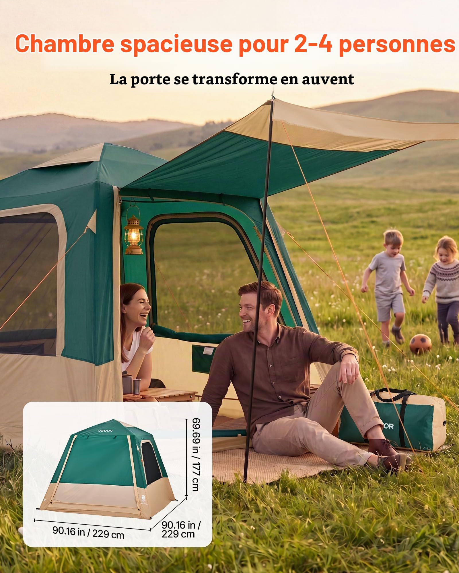 VEVOR Tente Gonflable 4 Personnes Pompe Rechargeable Tente de Camping Vert, pour Randonnée et Pique-niques en Famille, avec Tubes d'air en TPU, 5 Grandes Fenêtres en Maille, Sac de Transport Portable