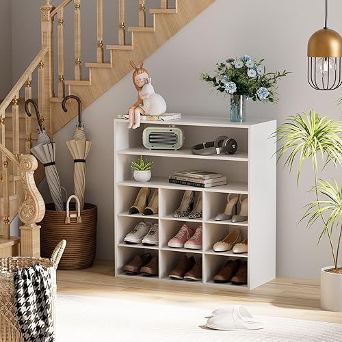 Miniatura 7 de Garden 4 you Organizador de zapatos, zapatero de madera de 5 niveles con 2 estantes de almacenamiento y 9 cubículos, armario organizador de zapatos