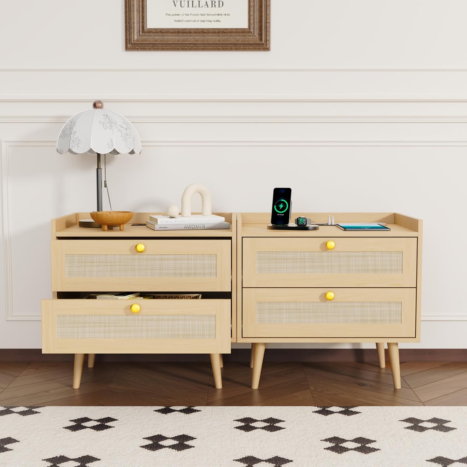 Rattan Nightstands with Charging Station, Set of 2, Boho Bedside Table with 2AC Outlets and 2USB Ports, Modern End Tables with 2 Drawers for Bedroom, Office and Small Spaces, Oak