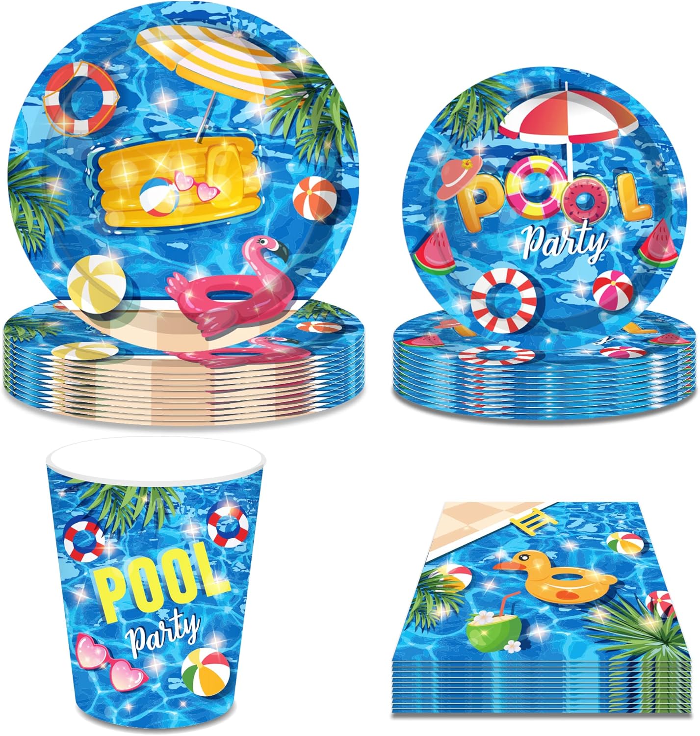 Summer Pool Party Supplies Pack- Serves 16, Beach Birthday Party Supplies & Tableware Kit, Pool Party Decorations Includes Paper Plates, Cups and Napkins for Hawaiian Pool Birthday Party Decorations