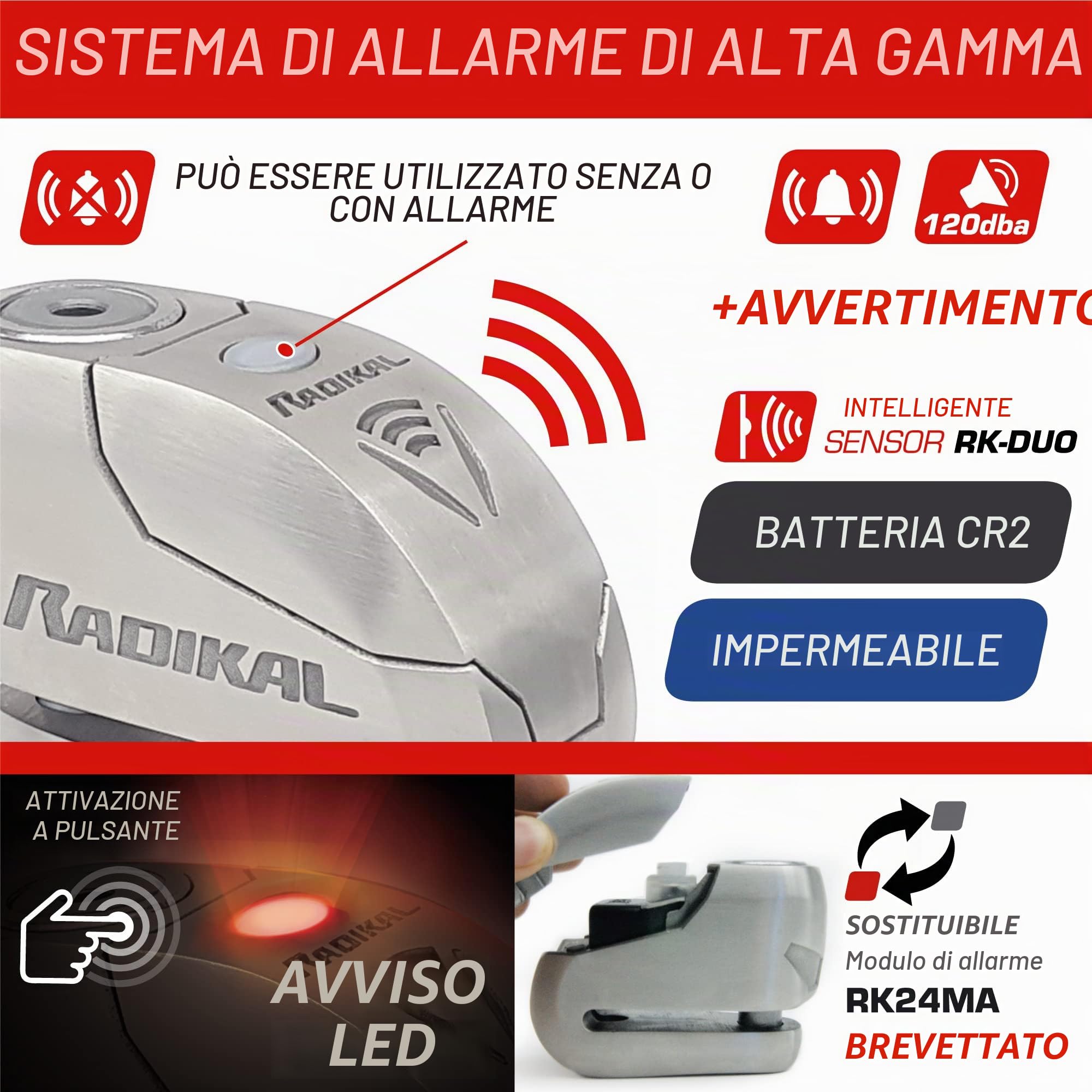RADIKAL RK14S Lucchetto Antifurto Moto Bloccadisco Sonoro Allarme 120 Db, Warning Pre-Allarme, Omologato SRA & RK402 Supporto antifurto RK10 e RK14S per Il Fissaggio a Tubi o Viti