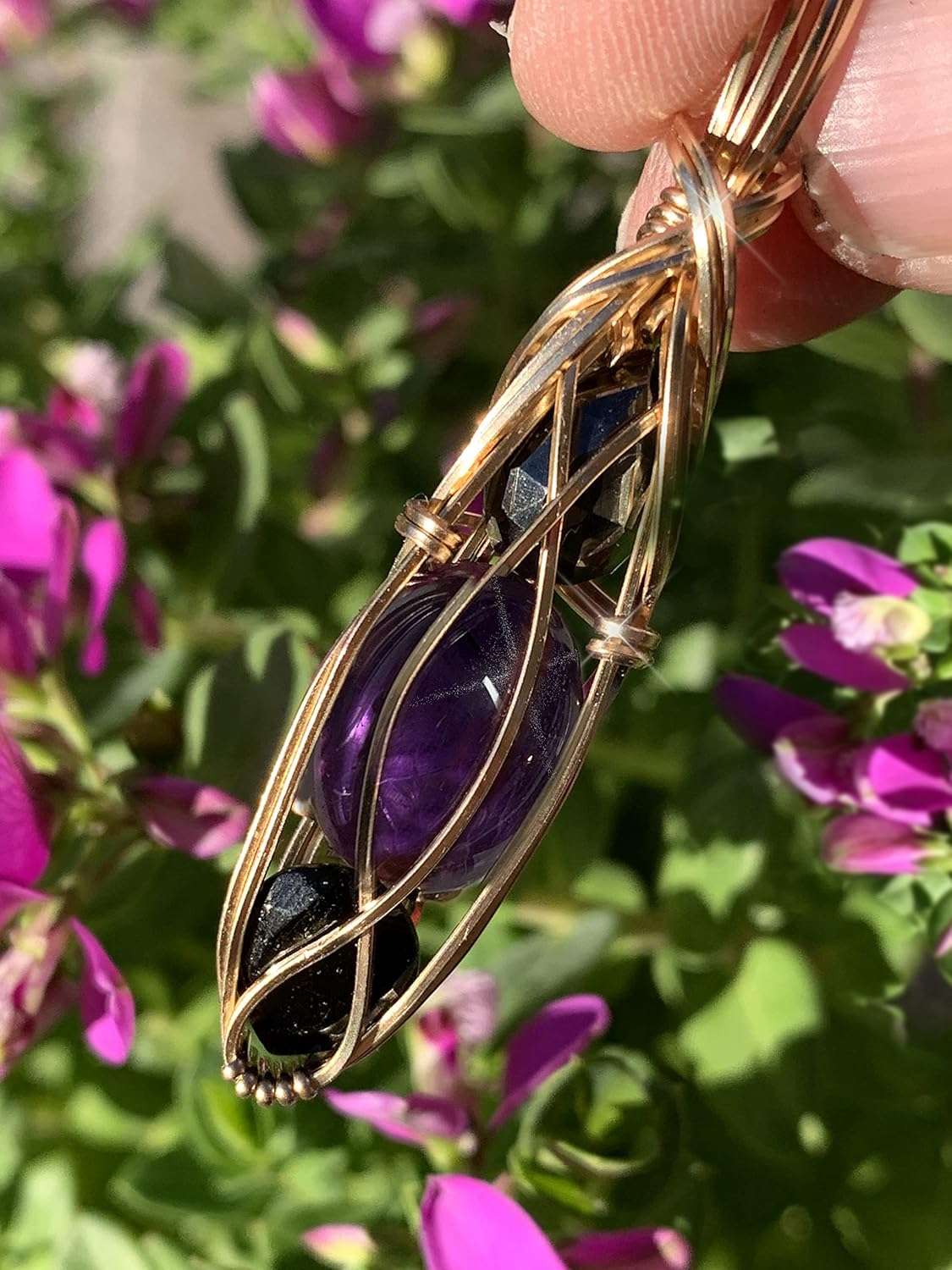 Black Tourmaline Amethyst Hematite Crystal Pendant Necklace 14K Gold Protection Combination Stone Jewelry TABS1 (Hematite Amethyst Tourmaline, gold-filled)