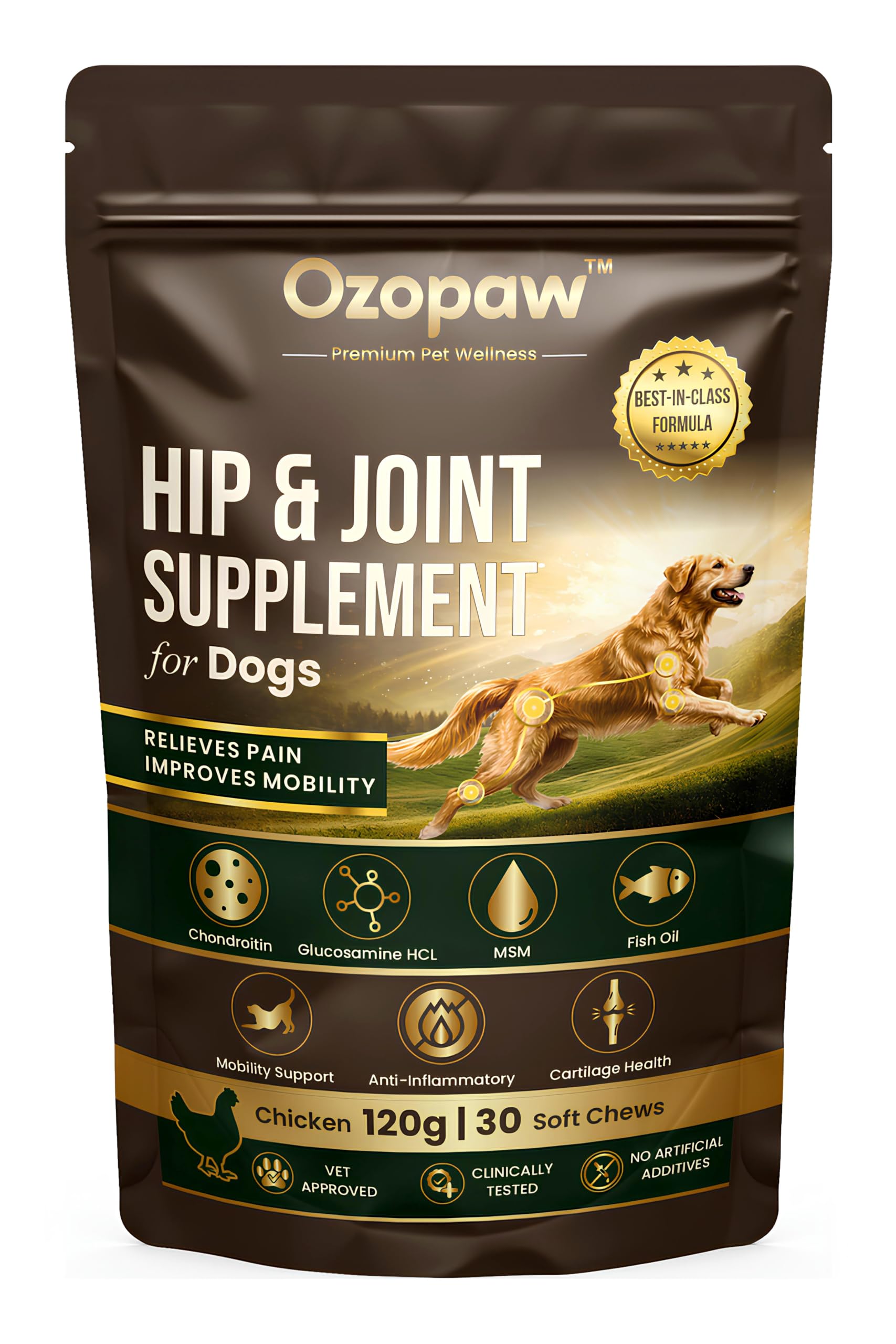 Ozopaw Hip & Joint Supplement for Dogs | 30 Soft Chews | Supports Joint Health, Mobility & Cartilage | Vet Approved | Chicken Flavour | No Artificial Additives | All Breeds & Sizes