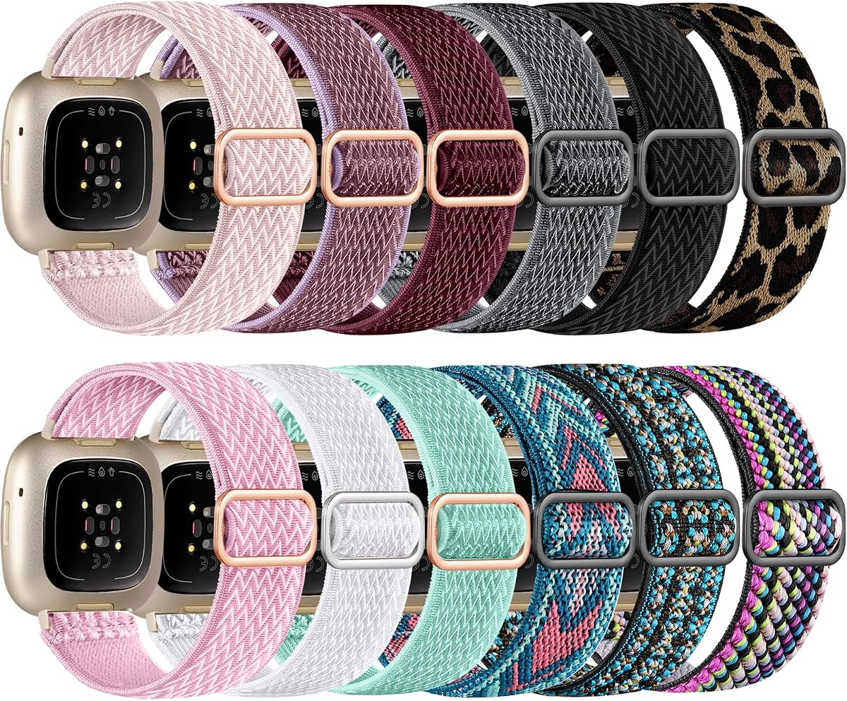 12 Pack Bands for Fitbit Versa 4/Versa 3/Sense/Sense 2 Bands Women | Breathable Stretchy Sport Solo Loop Strap, Elastic Fabric Wristband for Daily Wear, Men Women Fitbit Tracker Accessories