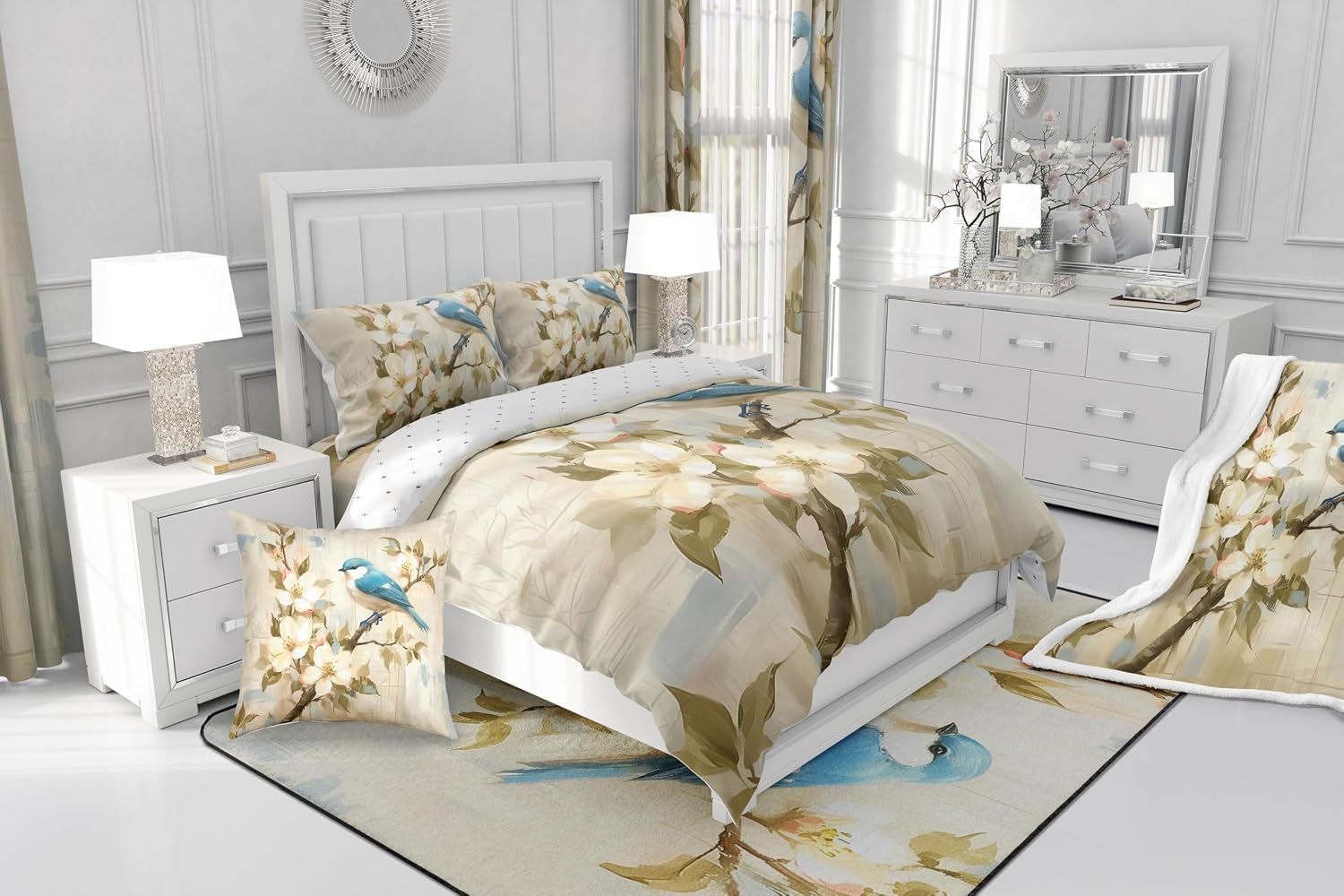 Watercolor Floral Duvet Cover Set Toddler Size,Blue Bird Animal Flowers Print Reversible Quilt Cover for Kids Boys Girls Beige Rustic Oil Painting Bedding Set with 1 Pillowcase,No Comforter
