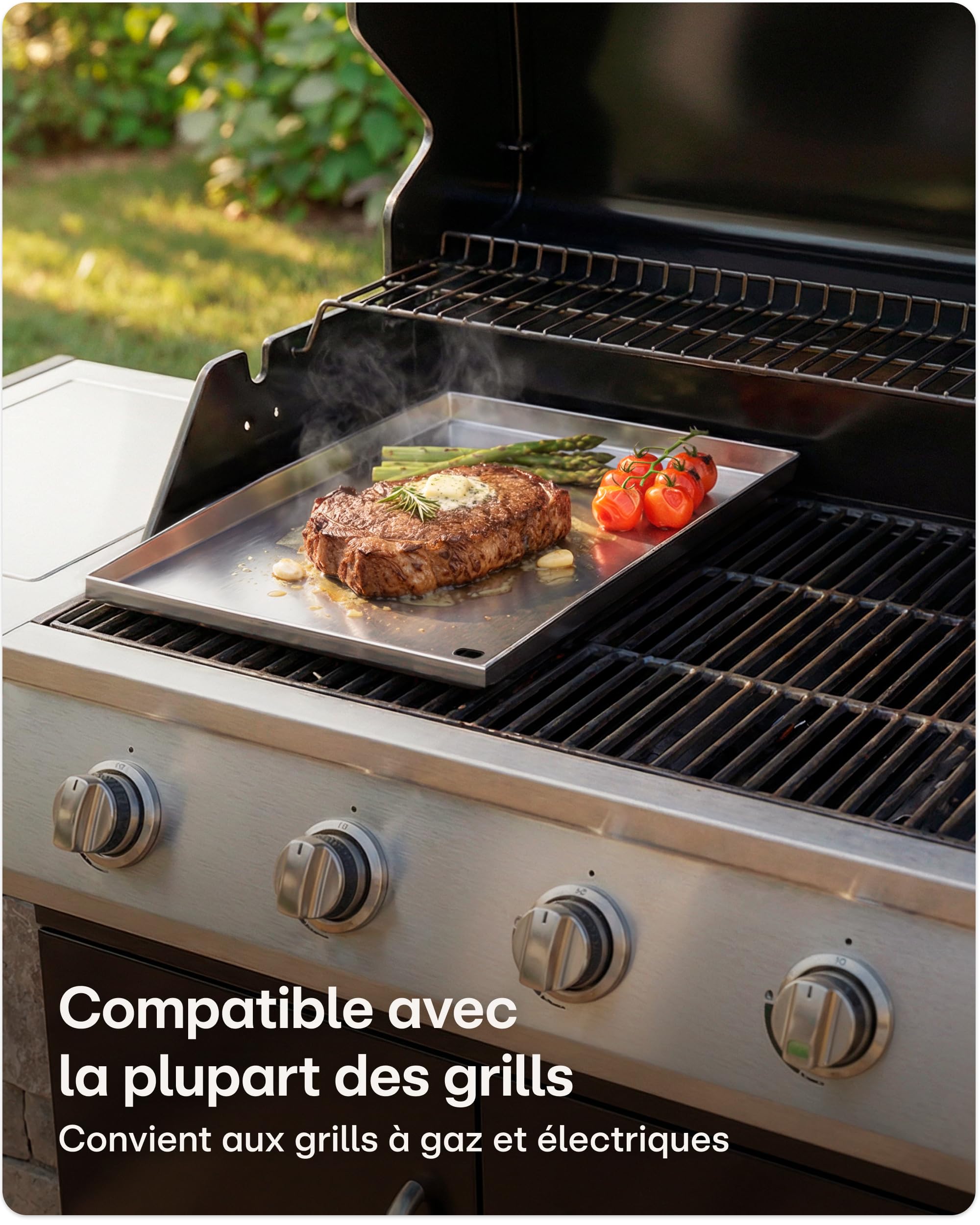 Praknu Plaque Plancha Barbecue Gaz (30x40 cm) – Avec Évacuation de Graisse – 2 Spatules Incluses – Plaque pour Barbecue Gaz & Charbon – Plancha Acier Facile à Nettoyer