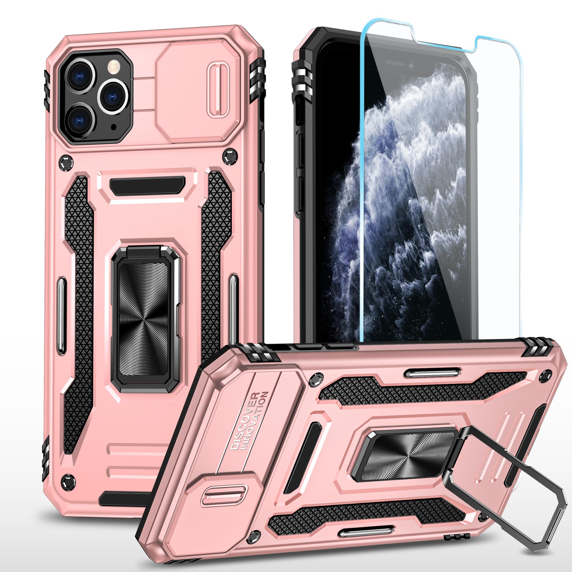 SunStory Compatible with iPhone 11 Pro Max Case with HD Screen Protector & Slide Camera Cover & Rotated Ring Kickstand, [Military-Grade] Phone Case