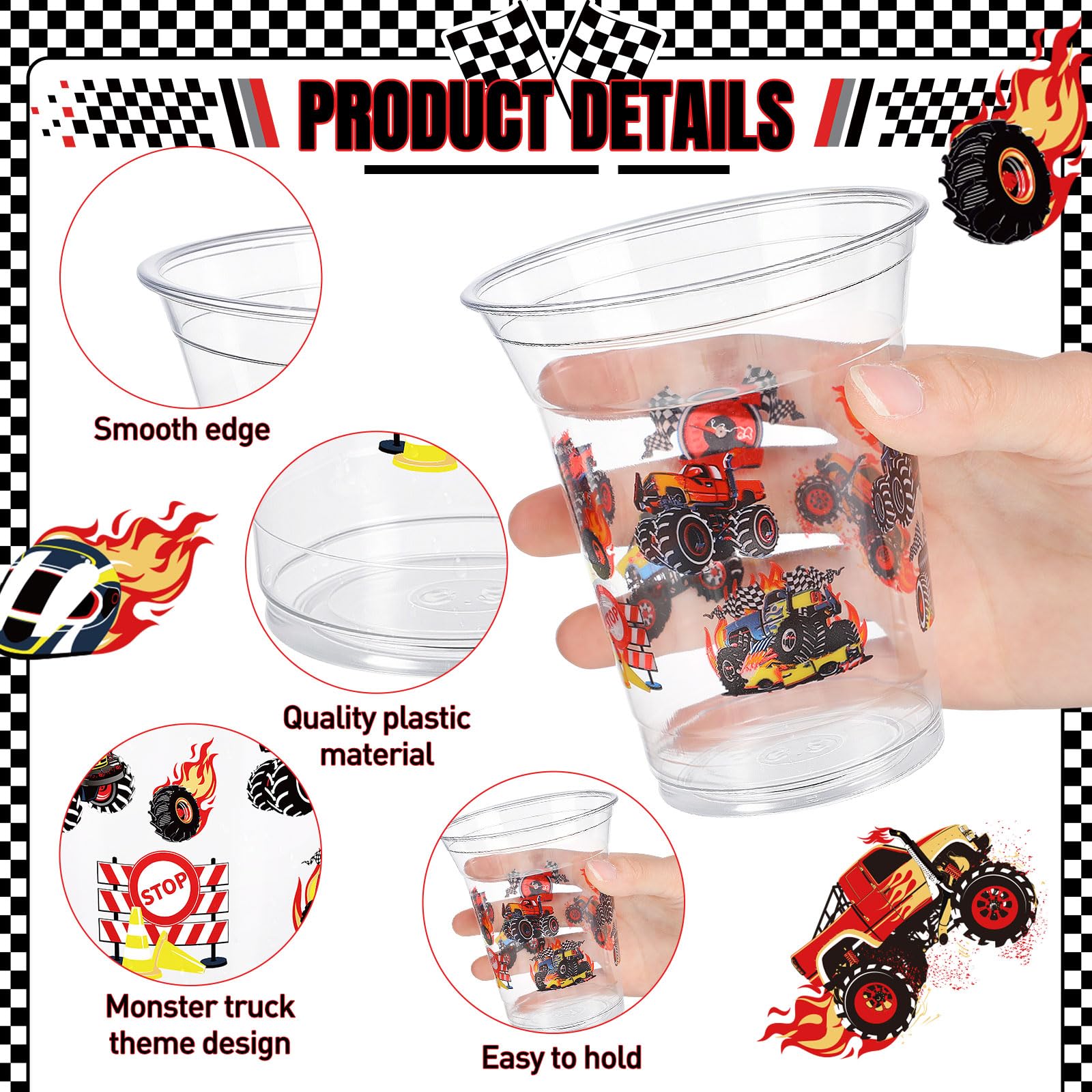 FoldTier 50 Pcs Monster Truck Cups 12 oz Truck Birthday Plastic Cups Clear Machines Jam Disposable Glasses Racing Car Theme Drinking Glasses for Home Kitchen Monster Party Favors Supplies Decoration