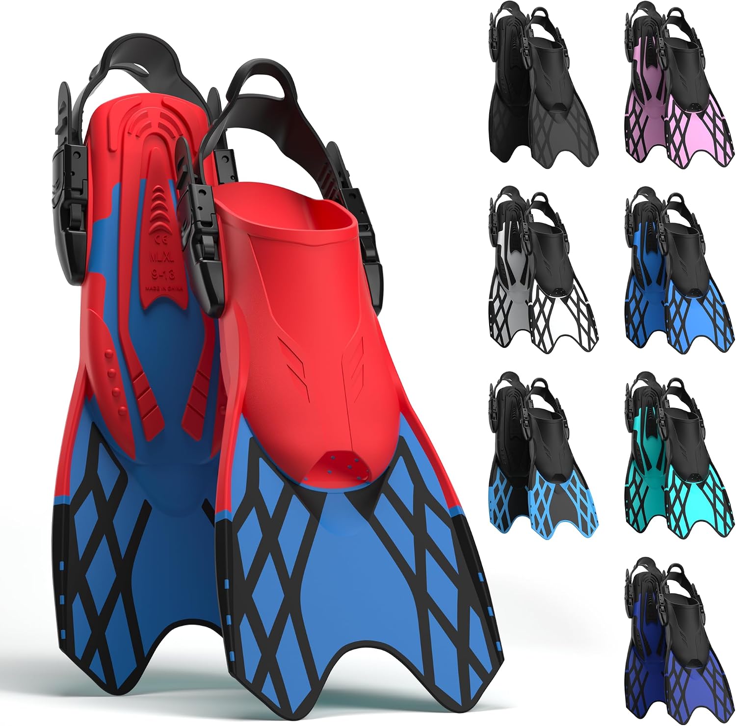 Snorkel Fins for Kids, Short Diving Swim Flippers with Adjustable Open Heel, Upgraded Quick Release Buckles, Comfortable Foot Pocket, Compact Travel Fins with Mesh Bag