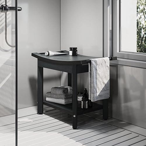 DWVO Banco de ducha de madera de polietileno, taburete de ducha con asas, estante de almacenamiento, resistente al agua y antideslizante, asiento de