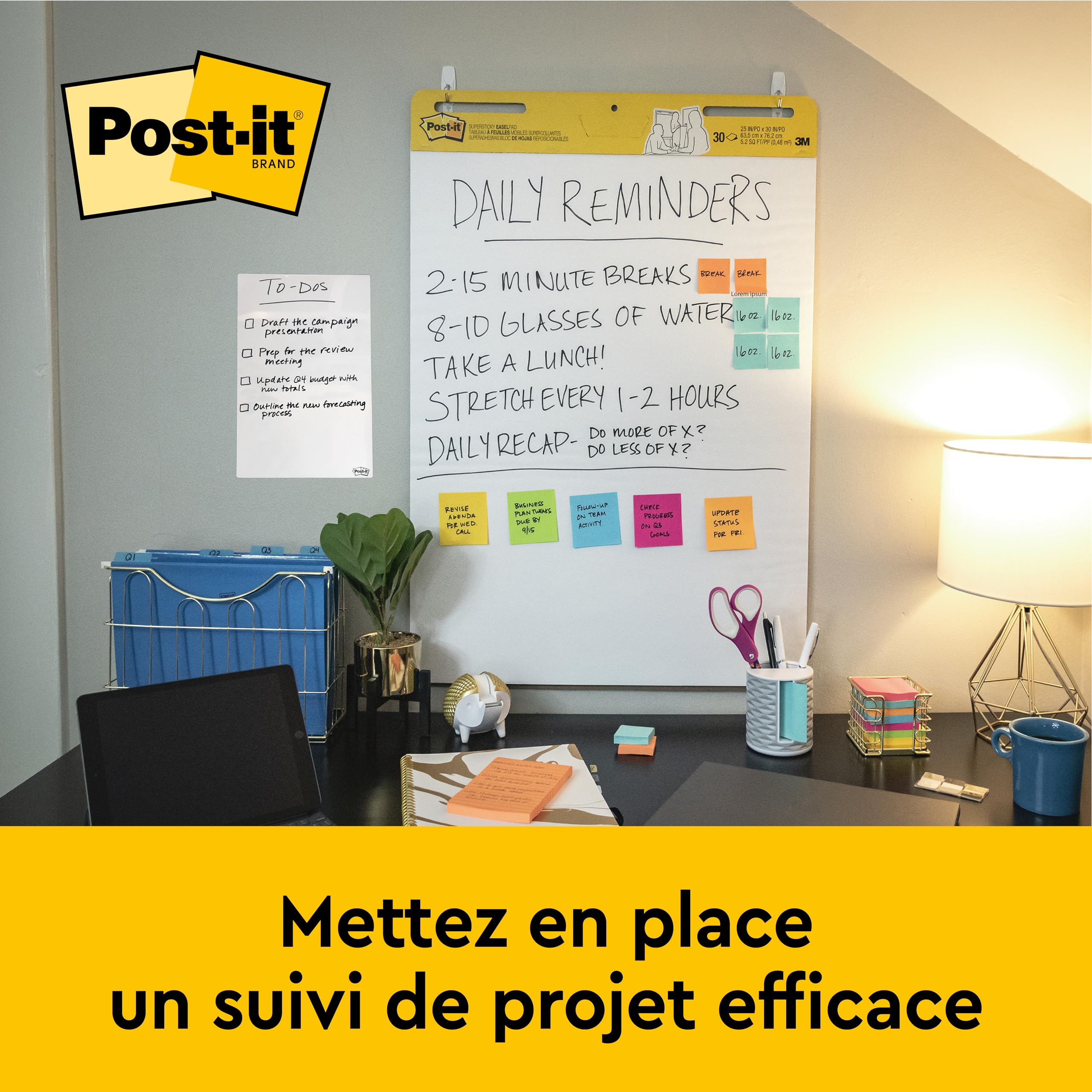 Post-it Meeting Chart, Blanc, 63.5 cm x 76.2 cm, Pack Promotionnel + Post-it Notes Super Sticky, Couleurs Néon Assorties, 2 Blocs + 4 Gratuits/Paquet