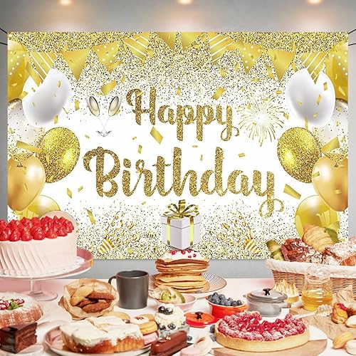 Miniatura 4 de Telón de fondo de cumpleaños con texto en inglés Happy Birthday para decoración del hogar, suministros de fiesta, 70.8 x 47.2 pulgadas (dorado)
