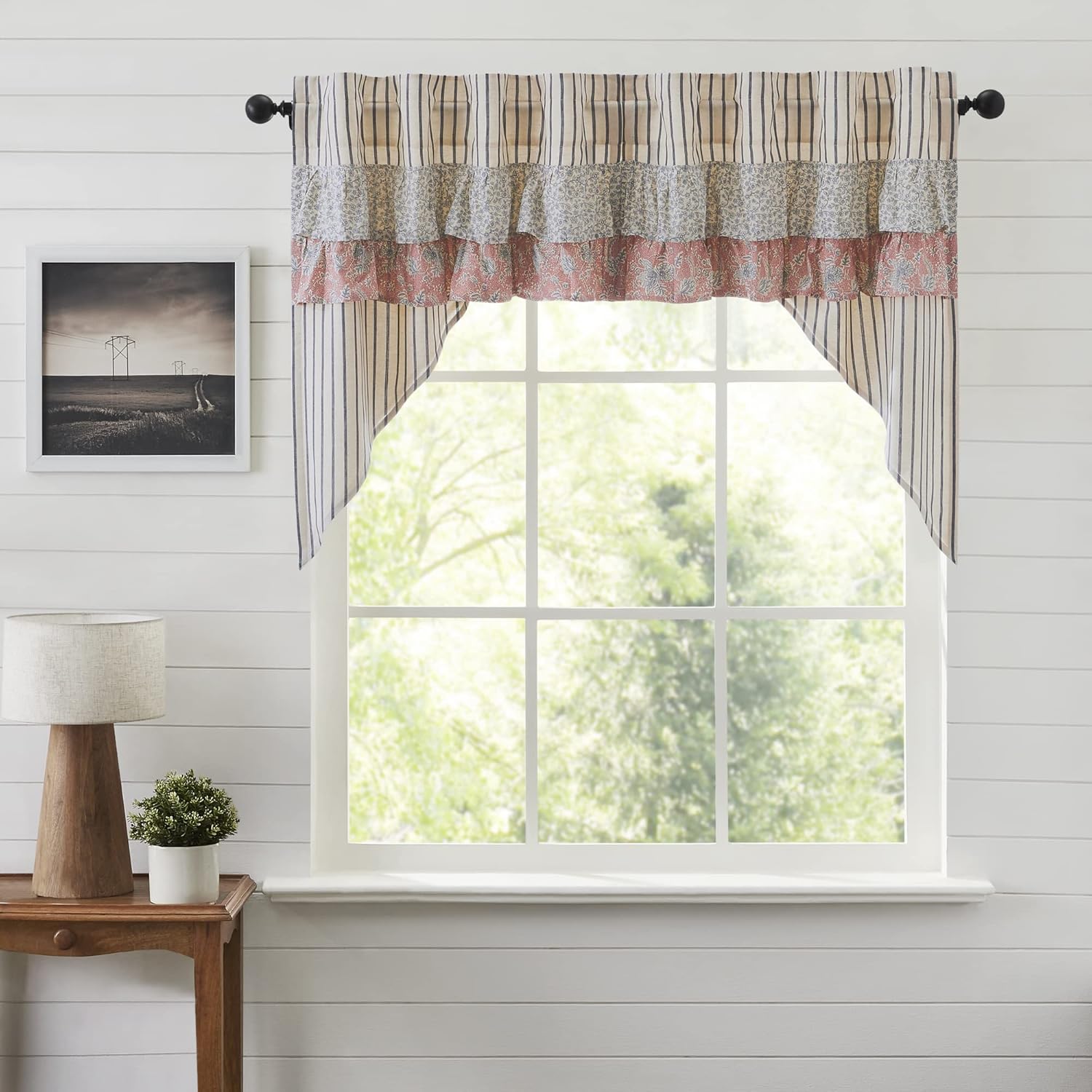 VHC Brands Kaila Country Cottage Ruffled Blue Ticking Stripe Kitchen Curtain Swag Set 36x36x16