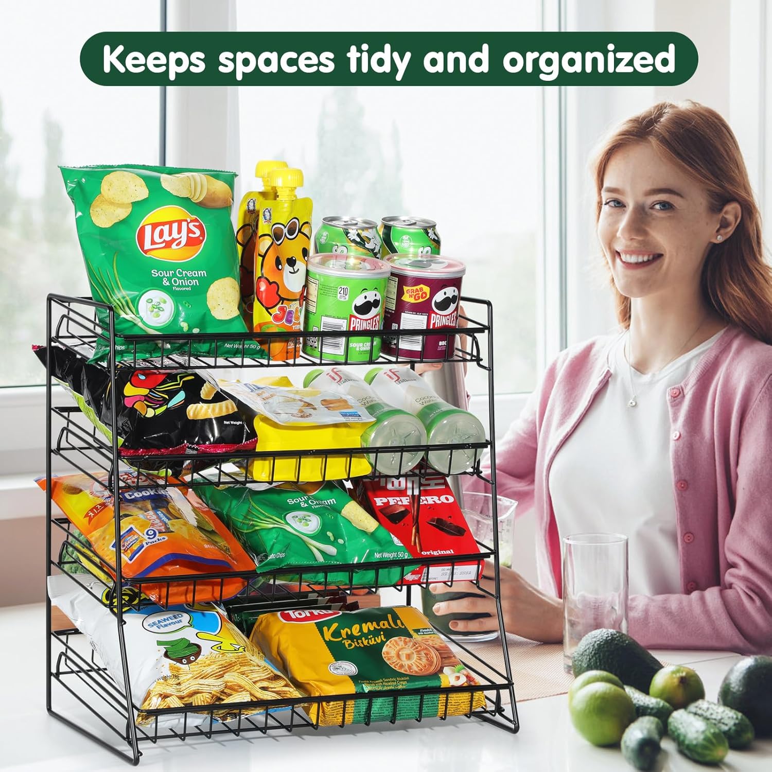 4-Tier Black Stackable Candy Display Rack, Snack Organizer For Countertop, Stores, Offices with 24 Signs and 60 Labels (Black-2 Pack)
