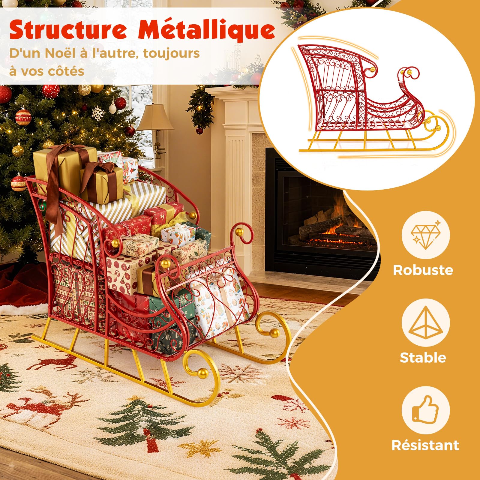 COSTWAY Traîneau de Noël avec Rangement à 2 Niveaux, Decoration Noel Exterieur Interieur, Cadre en Métal, Luge du Père Noël, Décoration de Fête pour Maison Bureau Carnaval, 85 x 42 x 61,5 cm