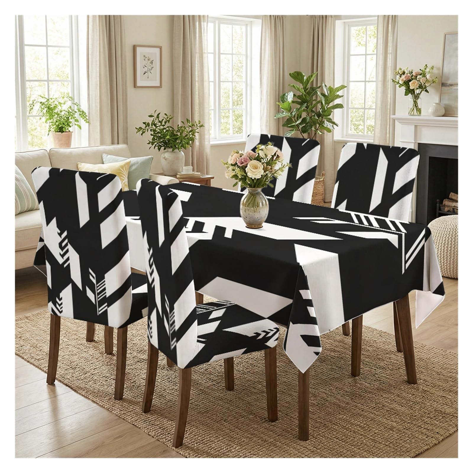 KXUAUV Black White Geometric Print Stretch Dining Chair Covers Tablecloth Set, For Kitchen Dining Living Room Modern Decor, 5/7 Pack Party Decor(5pcs Set: Tablecloth+Chair Covers)