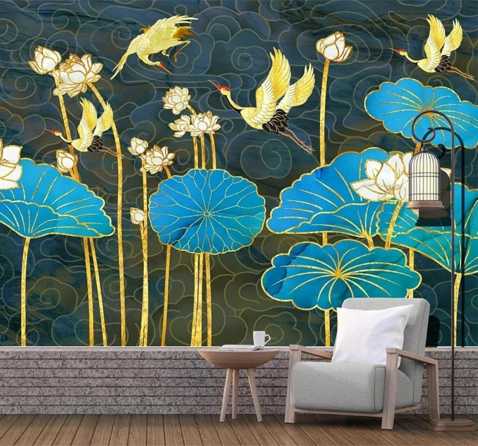 XLMING Creative Auspicious Clouds Birds in Flight Blue Lotus 3D Wallpaper Premium Textured Silk Study Dining Living Room Bedroom Sofa TV Wall Easy Install-250cm×170cm