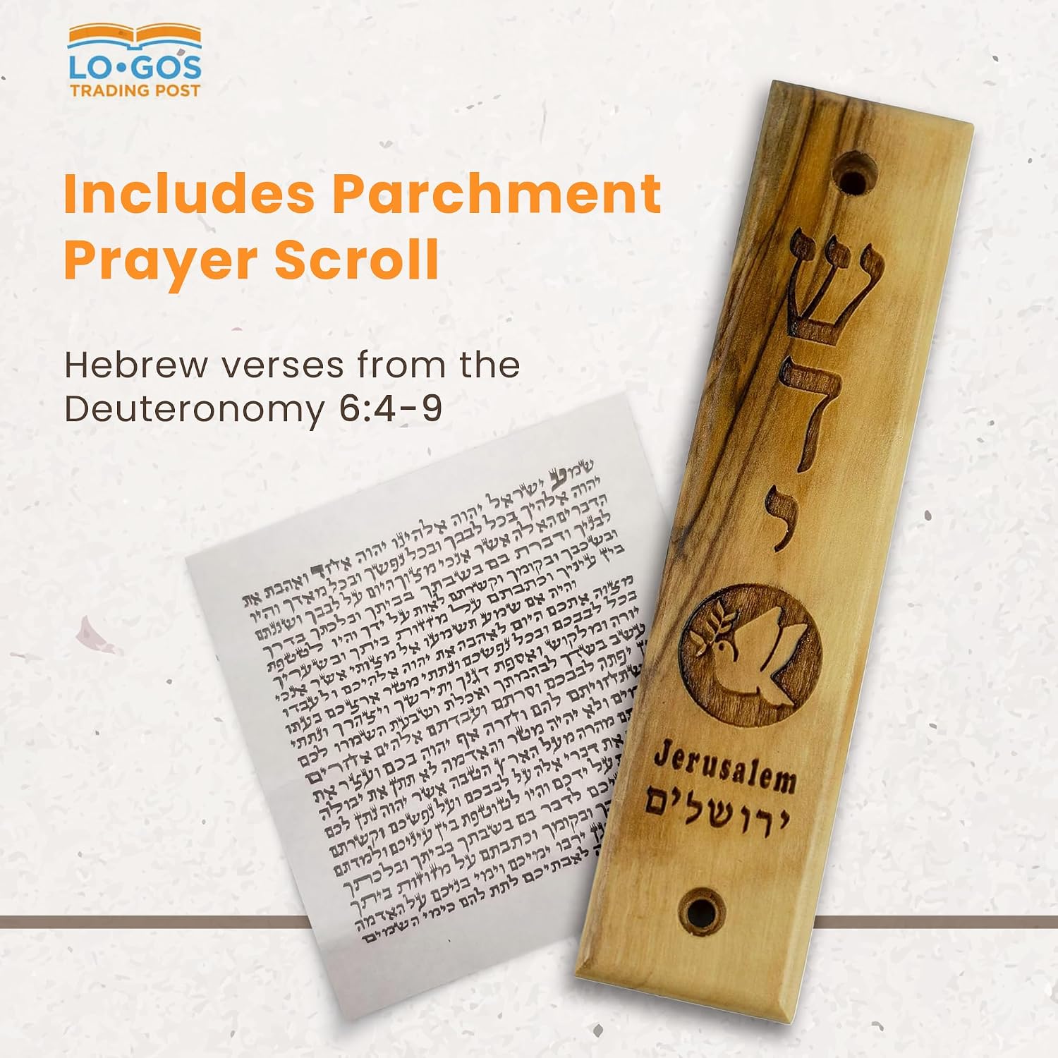 Logos Trading Post Olive Wood Mezuzah with Scroll for Door & Wall | Shaddai Inscription with Dove & Olive Branch Artwork, Meaningful Home Blessing for Entryways, Living Spaces, and Prayer Areas