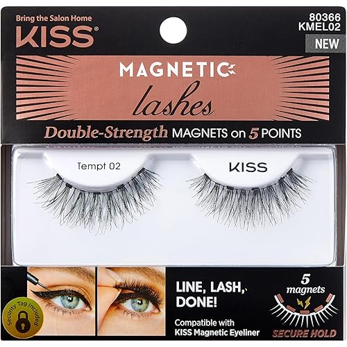 KISS Magnetic Lashes, Tempt, 1 Pair Synthetic False Eyelashes With 5 Double Strength Magnets, Wind Resistant, Dermatologist Tested Fake Lashes Last Up To 16 Hours, Reusable Up To 15 Times Black