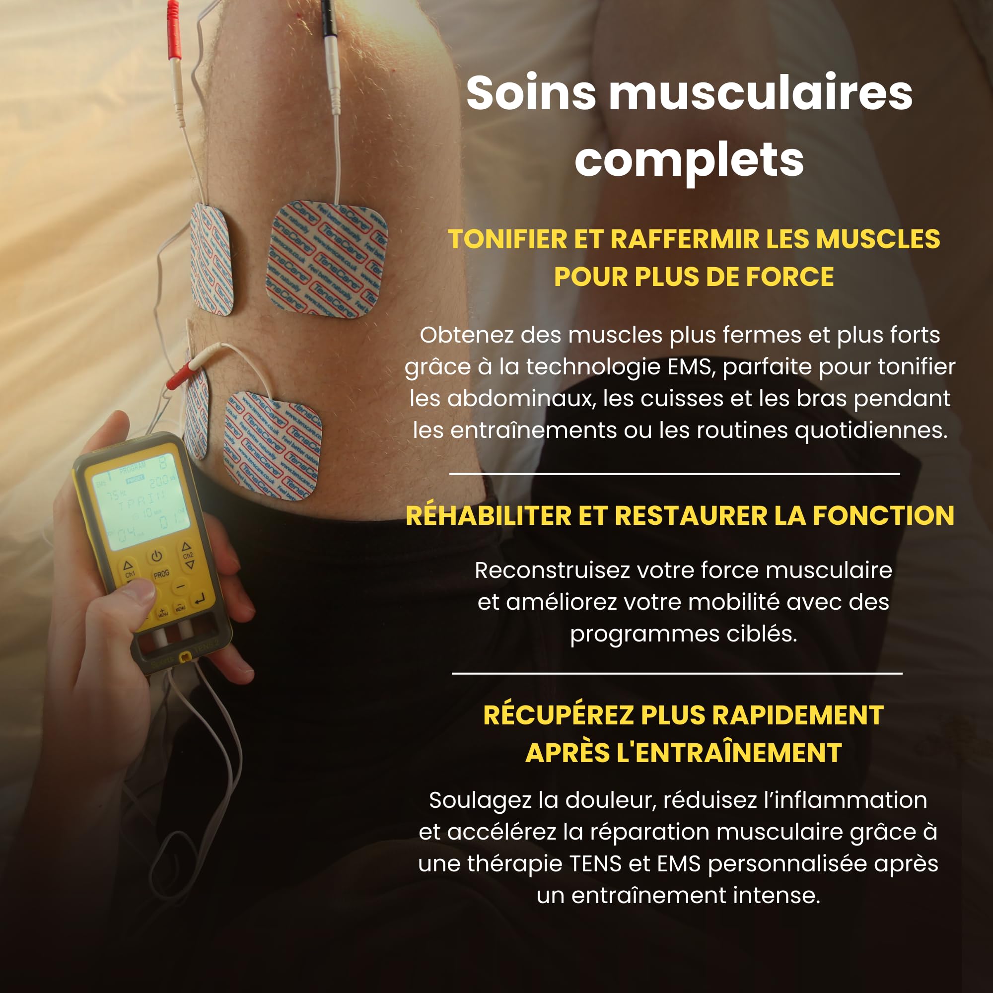 TensCare Sports Tens - Électrostimulateur Musculaire, programmes prédéfinis TENS, EMS, Massage et manuel, Soulagement de la douleur, tonification musculaire et relaxation. + 12 électrodes