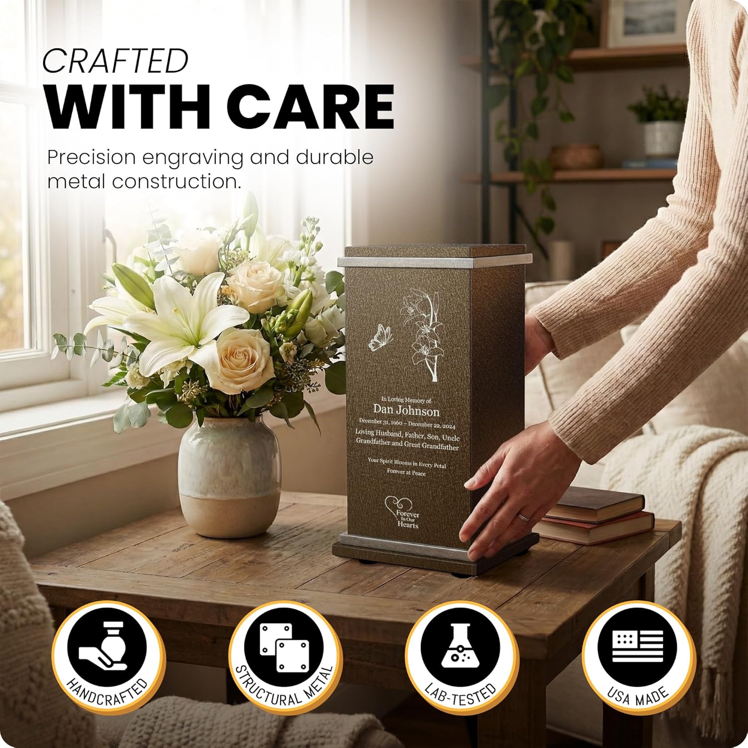 Amaranthine Urn Decorative Cremation Urns for Human Ashes - Customizable Text, Color, Base, Metal Funeral Urns for Adult Men & Women, Burial Memorial Keepsake, USA Made, Lilies & Butterfly Urn w/Base
