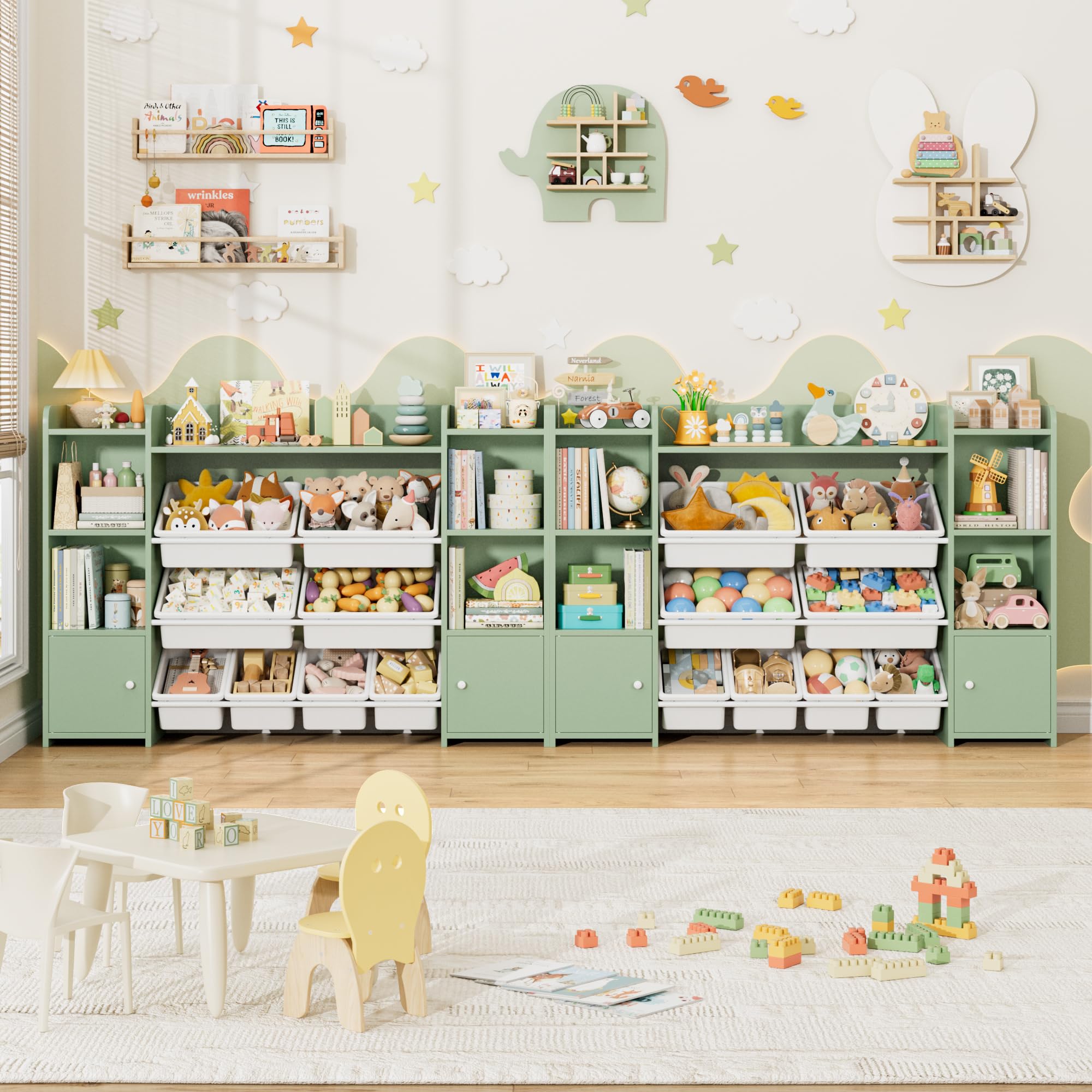 FOREHILL Scaffale per Giocattoli con 8 Contenitori Rimovibili in Plastica,Organizzatore Libreria per Bambini con Mensola Aperti, per Camera dei Giochi, 138.8 x94.3x29.6cm (Verde)