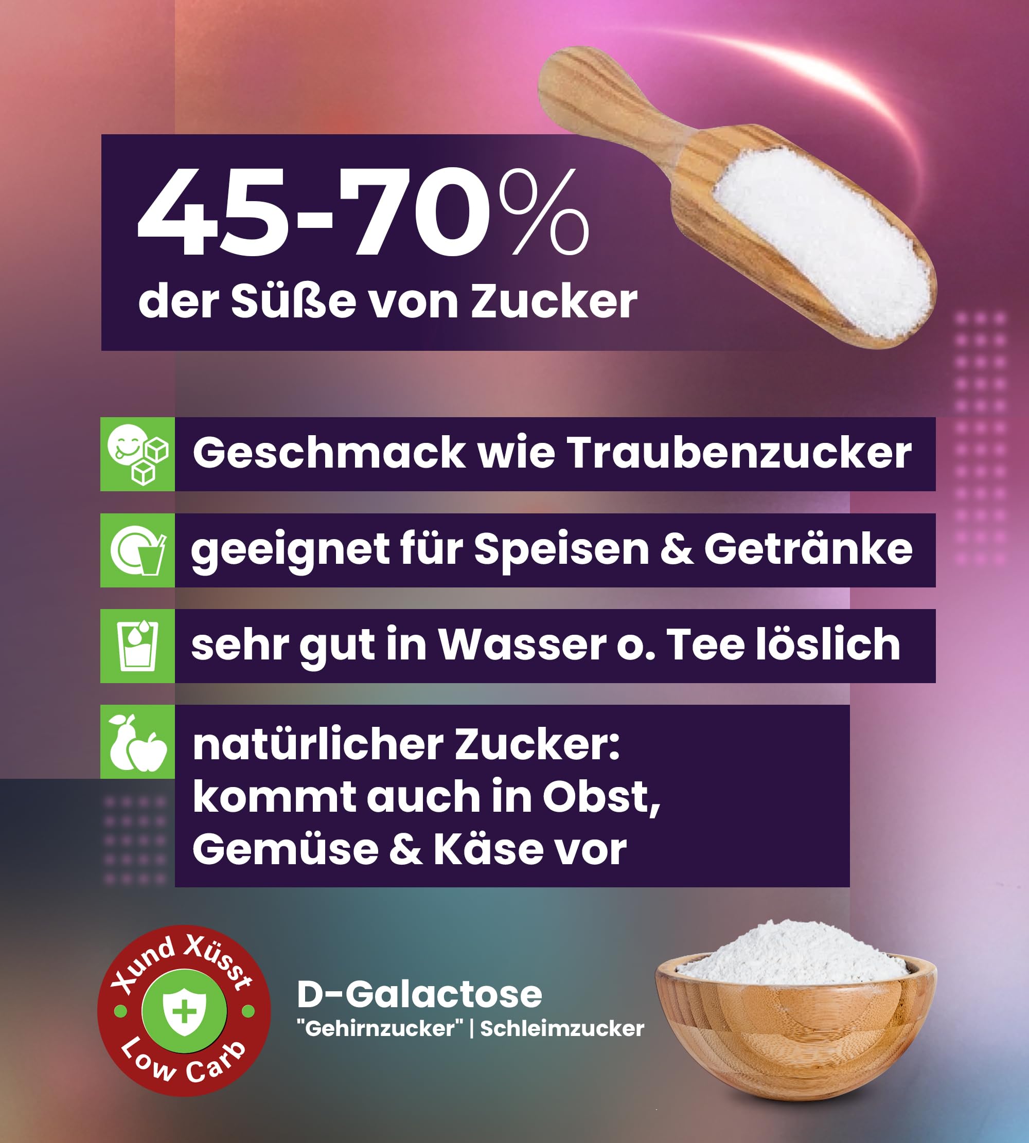 D(+) Galactose 1000 g Pulver - hochrein 99,8% - Schweizer Markenqualität - aus Akazie fermentiert & lactosefrei - Schleimzucker - sehr gut löslich