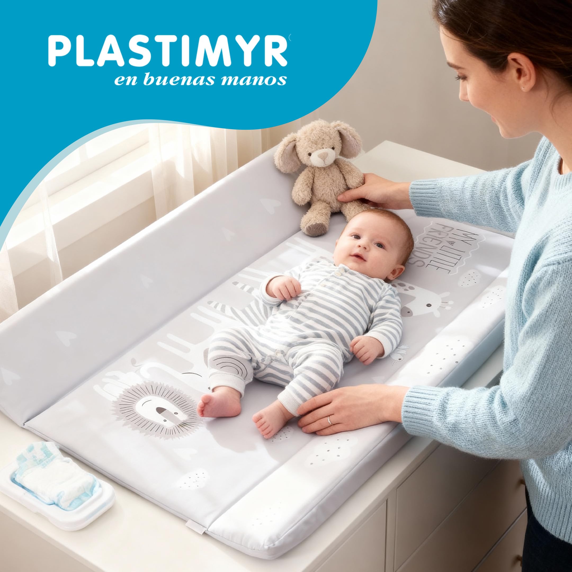 PLASTIMYR Cambiador de Bebe Flexible 81 x 50 cm- Colchoneta Cambiador Cómoda y Segura - Cambiadores Bebe Portatil con Bordes Acolchados, Ligeros y Fáciles de Limpiar (Flexible, Safari Gris)