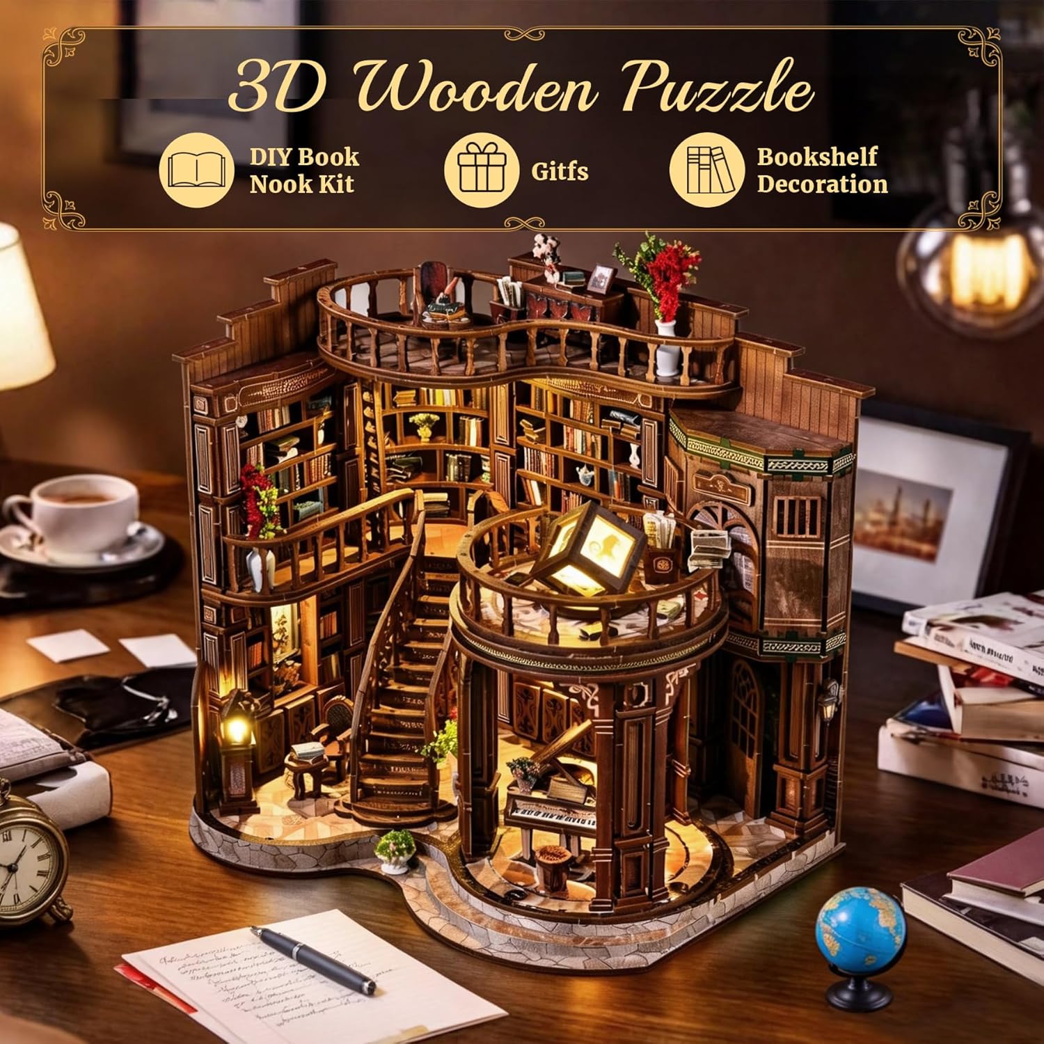 SUNNINO Book Nook Kits for Adults, DIY Miniature Dollhouse Kit 3D Wooden Puzzles for Adults and Beginners with Led Light, Book Nook Bookshelf Decor Craft Gifts for Family Friends (Dreamy Book Hall)