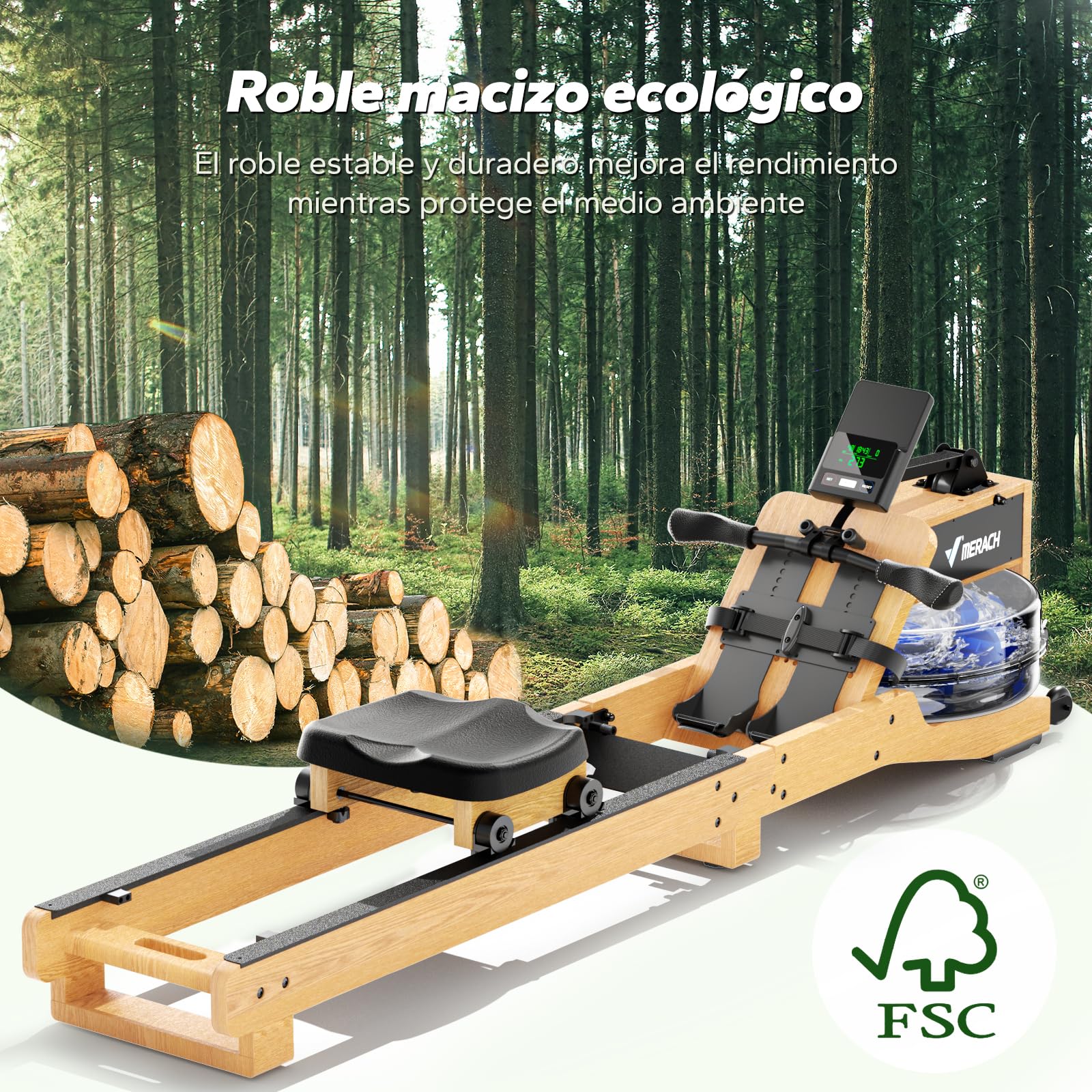 MERACH Máquina de Remo Plegable, Roble Rojo y Asiento cómodo, con aplicación Exclusiva, Mapa Interactivo y Juegos, Experiencia de Remo inmersiva, retroiluminación LED (R23O1)