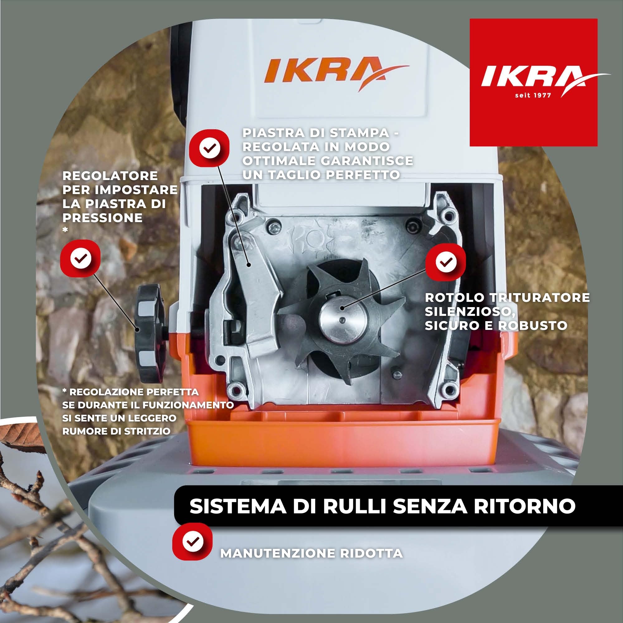 IKRA trituratore elettrico ILH 3000A, con occhiali protettivi inclusi | Motore ad alte prestazioni, silenzioso e robusto, 3000W, alimentazione automatica dei rami Ø 44 mm, retromarcia