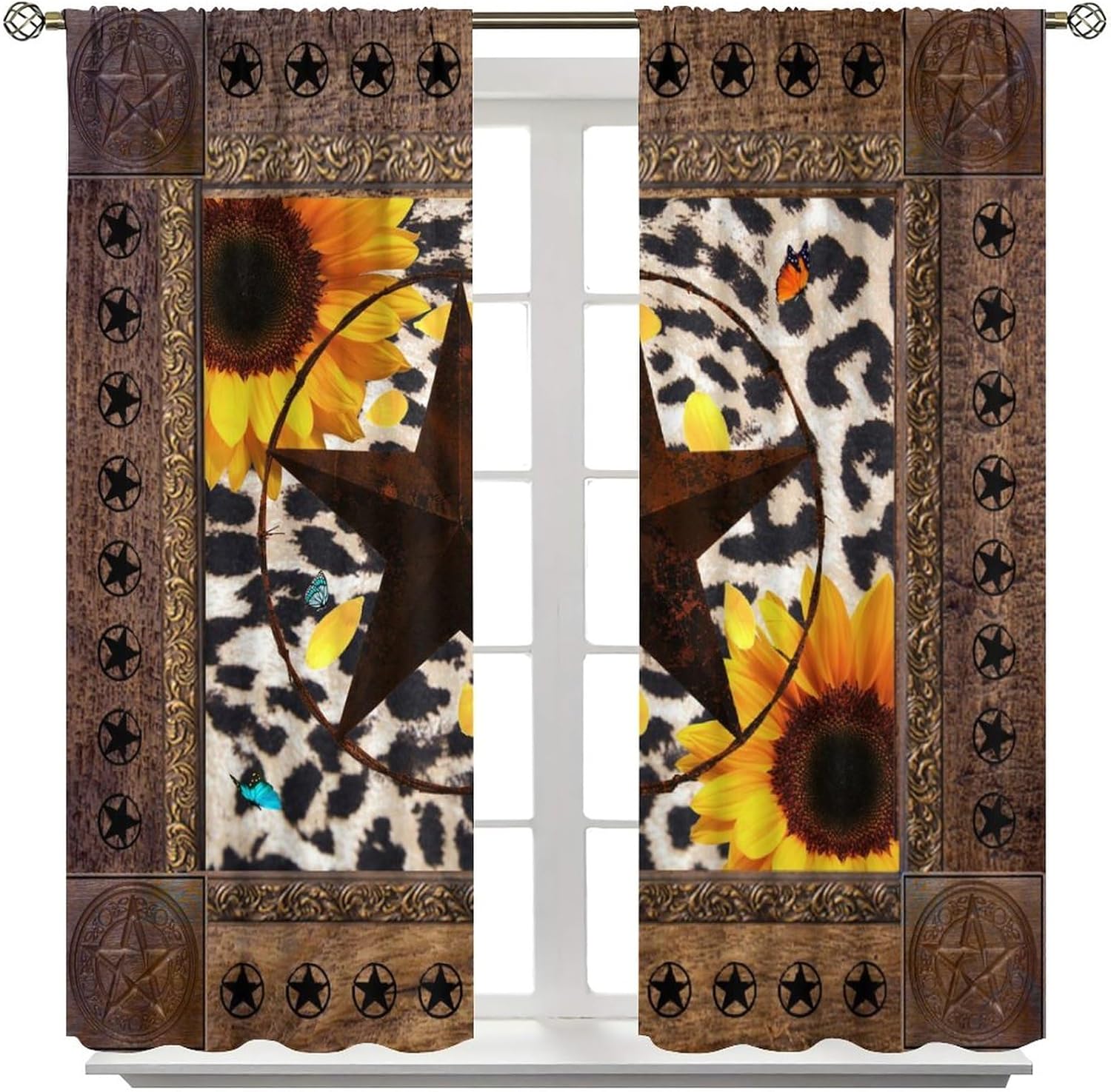 Rustic Texas Star Print Curtains - Vintage Western Cowboy Farm Floral Sunflowers Cow Butterfly Window Curtain Room Darkening Blackout Thermal Insulated Rod Pocket Curtains 2 Panels 63" L x 27.5" W
