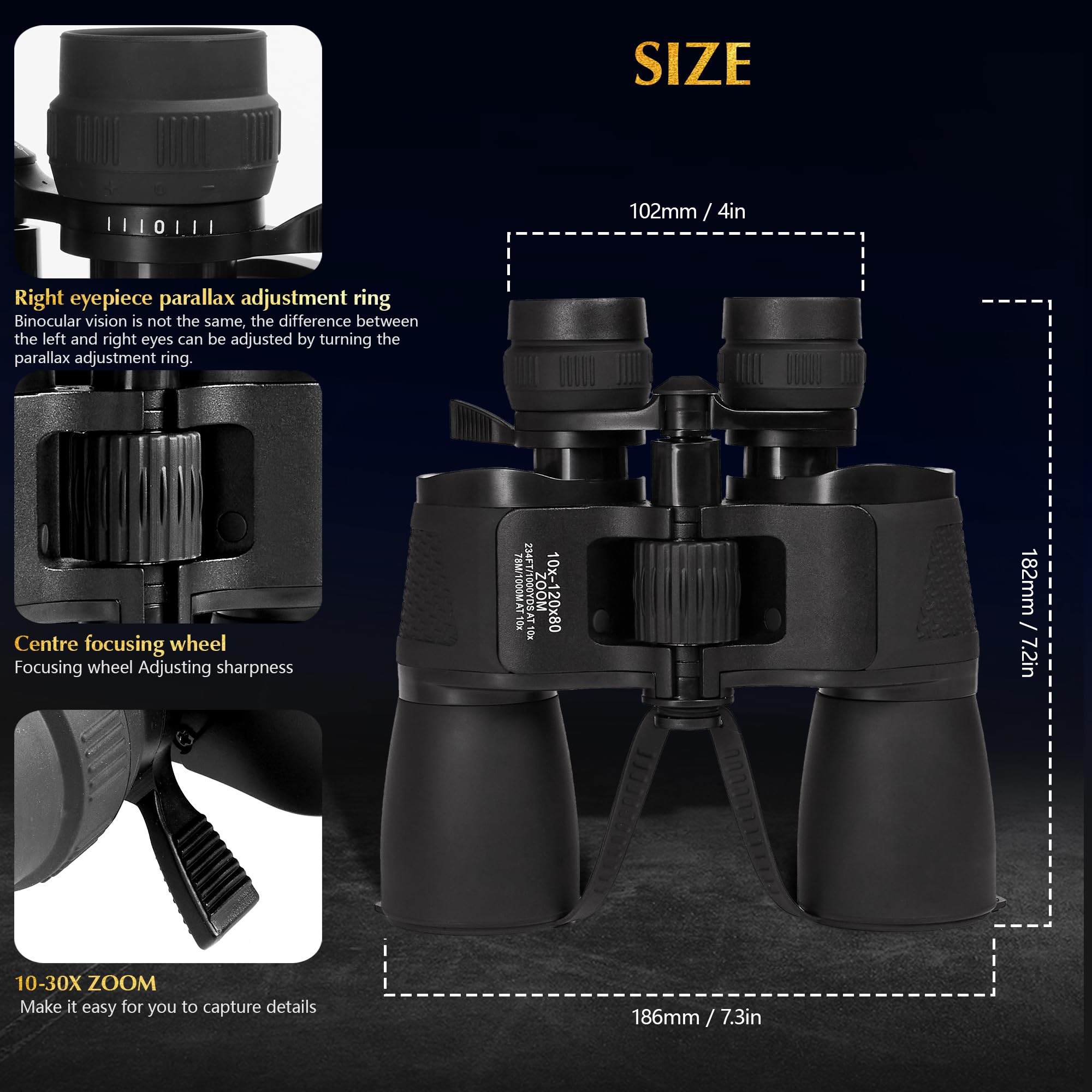 Jumelles Zoom 10–30x50 HD étanches pour Adultes | Revêtement Ambré Haute Transmission, Armure Caoutchouc Antidérapante pour Chasse, Observation Oiseaux, Randonnée, Concert