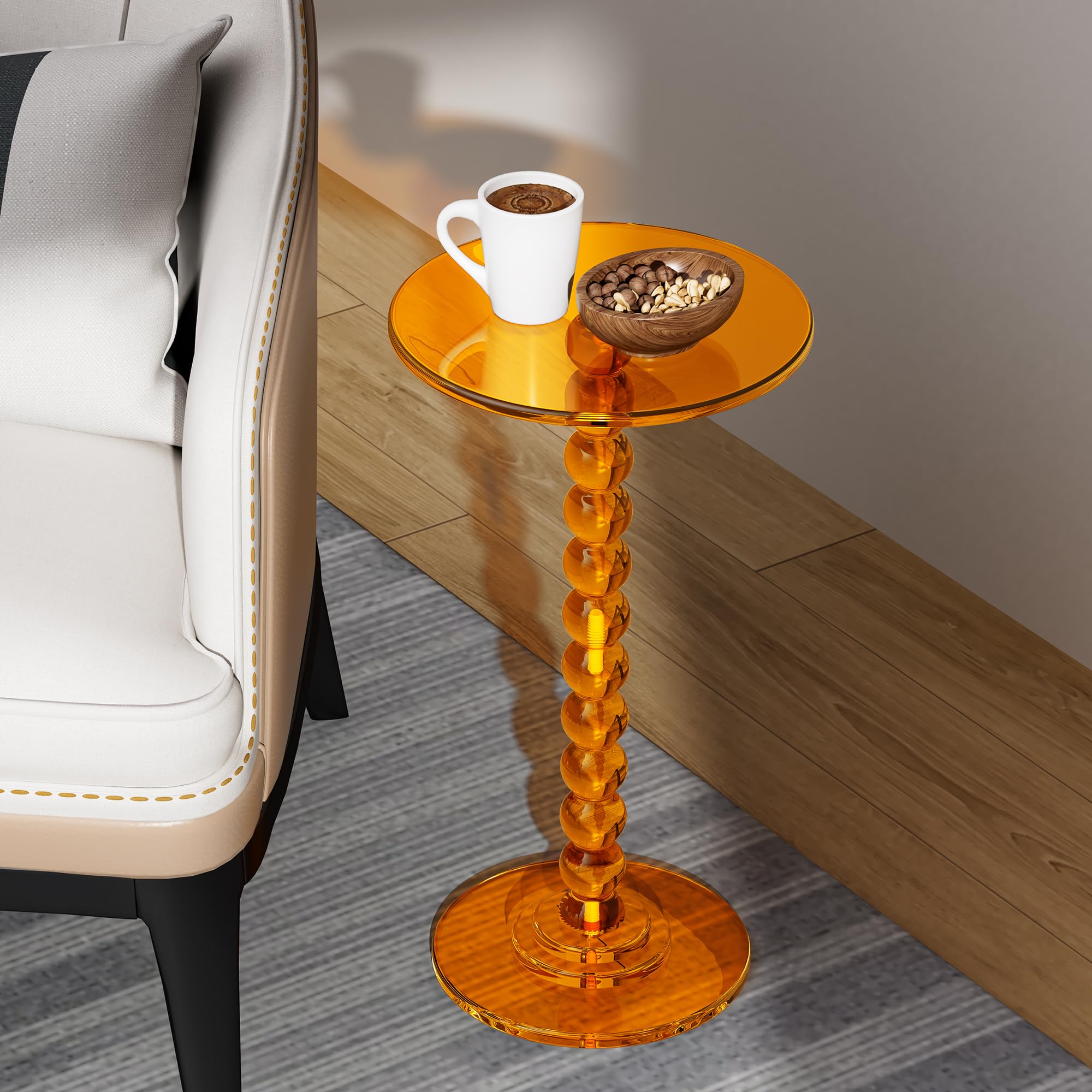 Mesa Auxiliar de acrílico, Mesa Lateral con Tapa Redonda y Poste sólido para salón, Dormitorio, balcón, Mesa de Apoyo, fácil Montaje (Naranja, 30×30×55 cm)