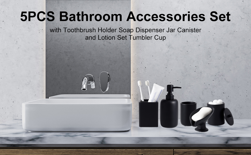 Set De Accesorios De Baño Negro 8 Piezas - Incluye Cubo, Escobilla, Dispensador De Jabón, Portacepillos Y Más