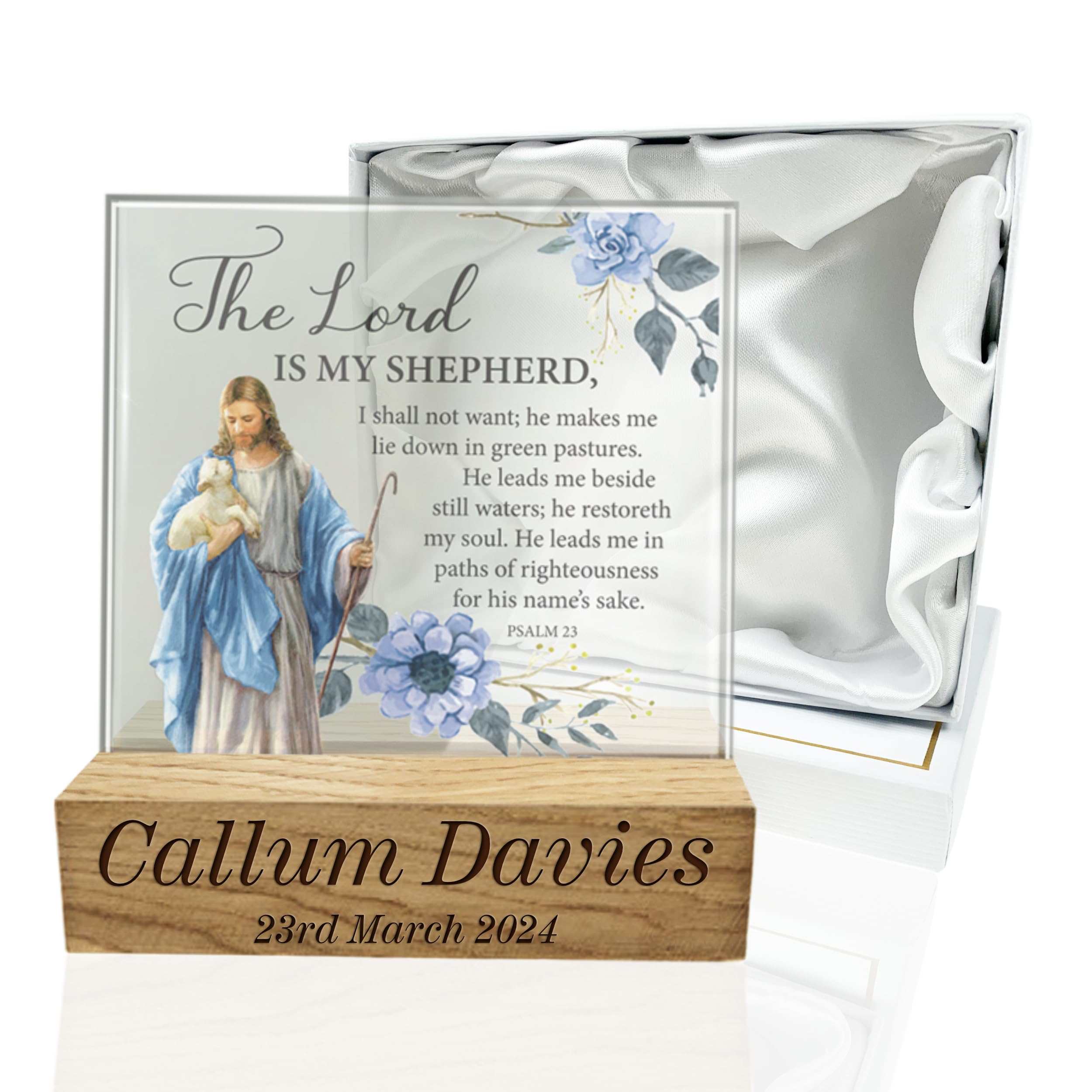 De Walden Boy's Confirmation Day The Lord is my Shepherd Personalised Glass Plaque in a Gift Box