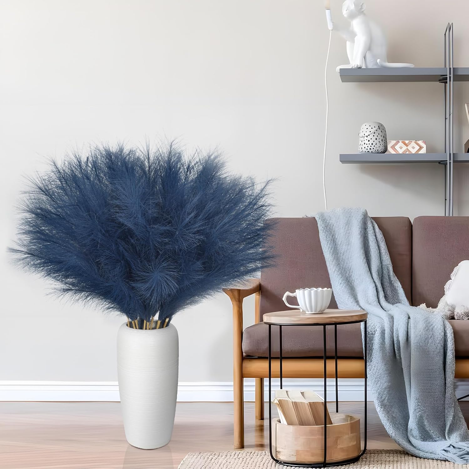 Ouddy Decor 8 Pcs Faux Pampas Grass Decor 38''/97cm Tall Artificial Large Pompous Pompas Floral Fluffy Fake Plants Floor Vase Filler for Wedding Kitchen Home Boho Decorations, Blue