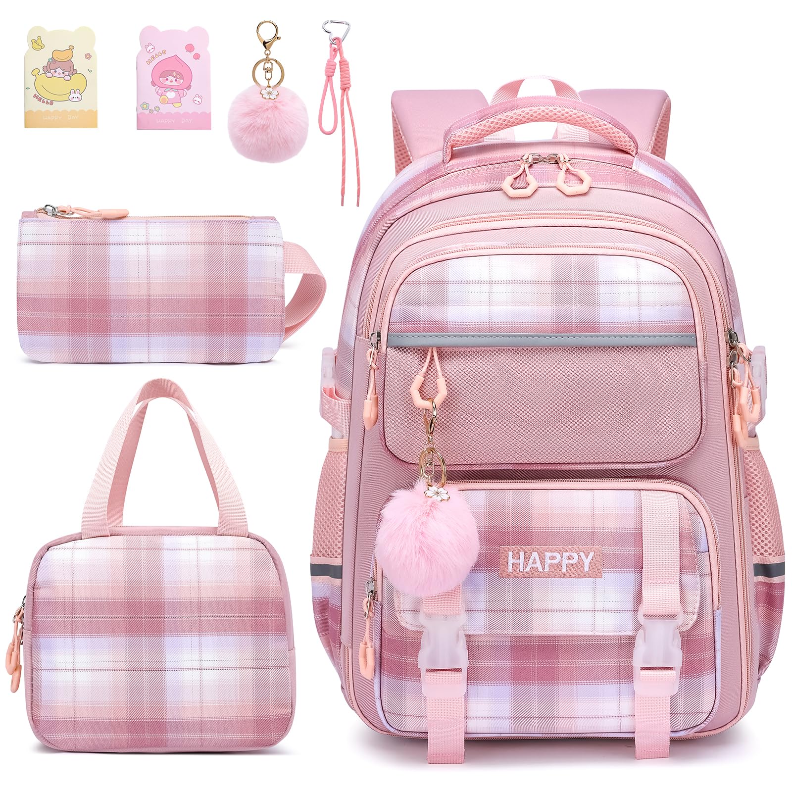 KEBEIXUAN Backpack for Girls - 3PCS Kawaii School Backpack Set with Lunch Box Pencil Case, Multi-Pocket Casual Daypack Kids Bookbag for Elementary