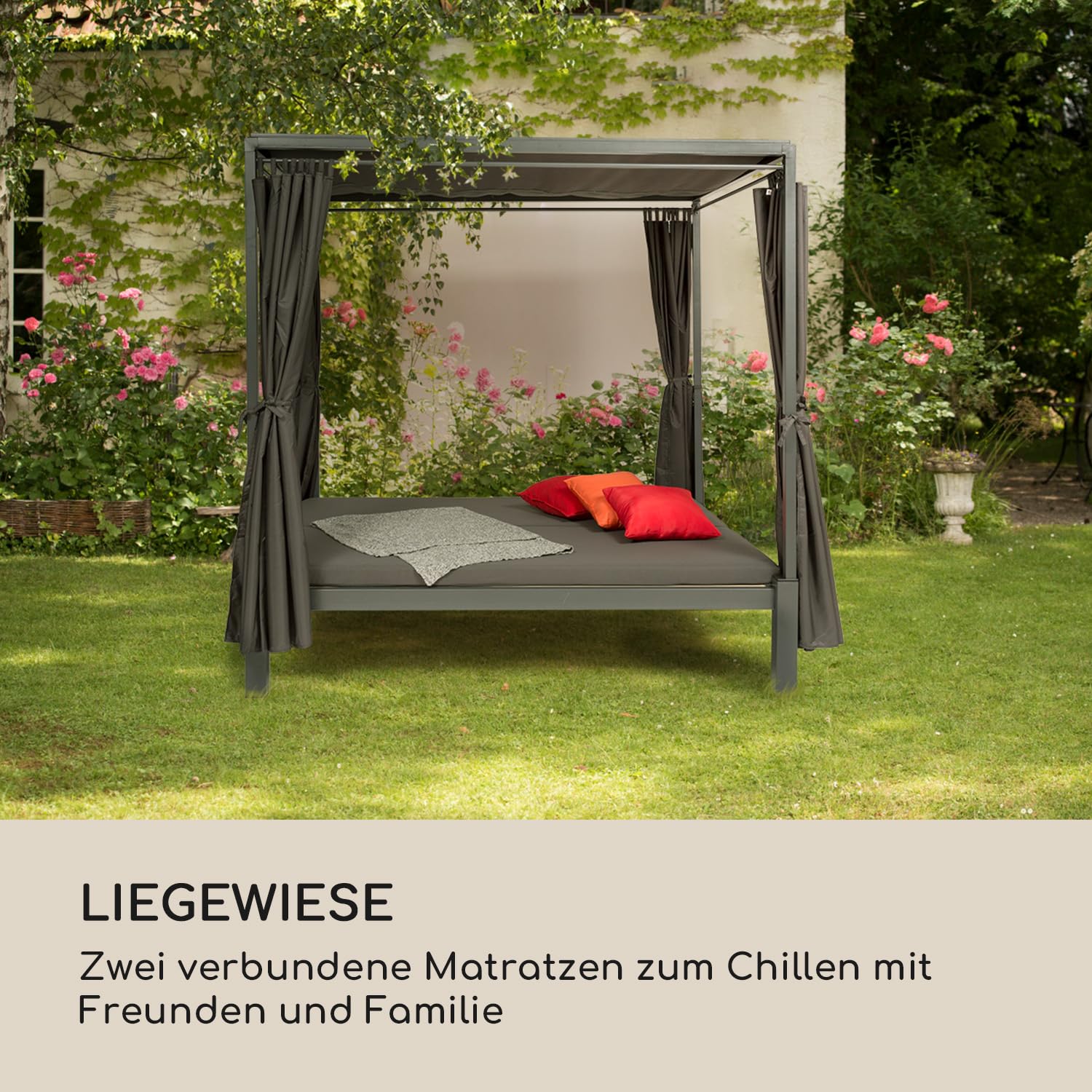 blumfeldt Senator Lounge - Doppel-Gartenliege mit Sonnendach, Lounge-Pavillon, 188 x 208 x 205 cm, komfortable Polsterung, Sichtschutz-Vorhänge, wasserfest, Stahlrahmen, max. 350 kg, grau