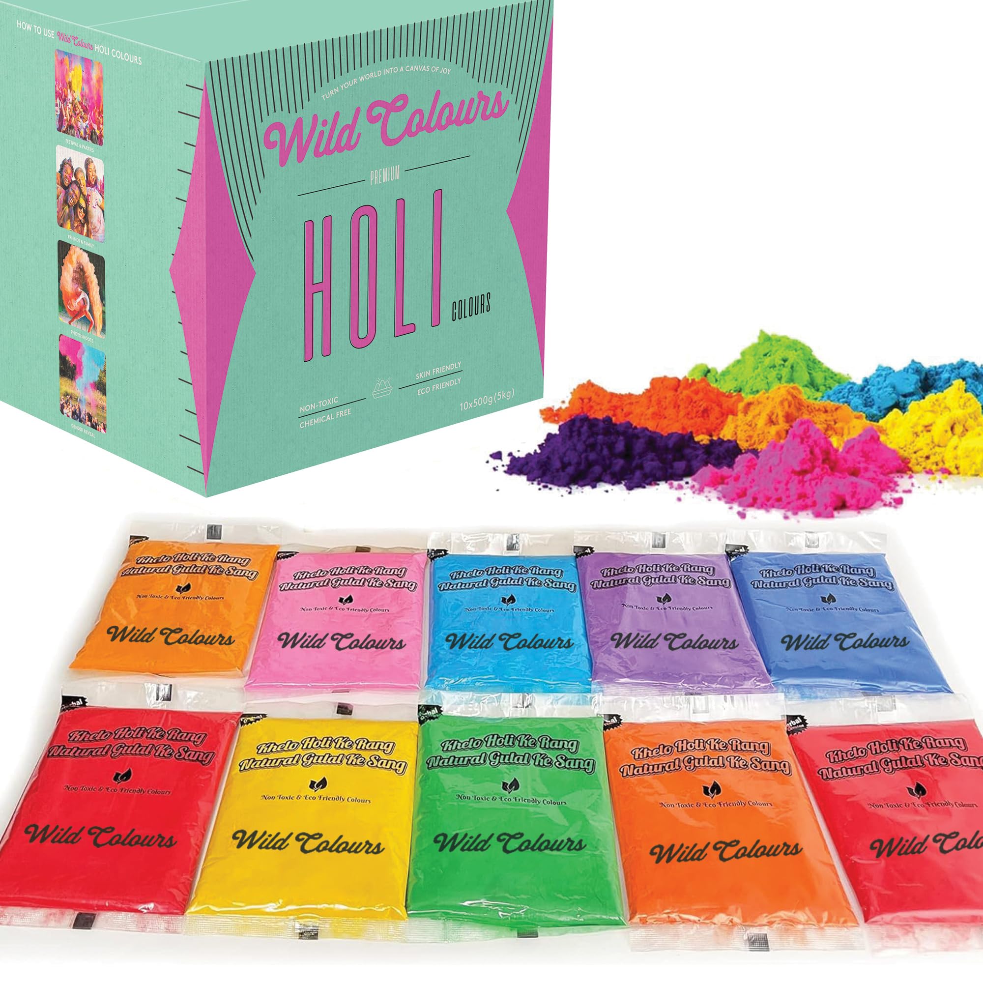 Premium Holi Colours - Holi Giftbox - Holi ke Rang - 100% Natural & Child Safe - Lab Tested Certified - 10 Vibrant Colours & Smooth Texture (200g [Pack of 10])