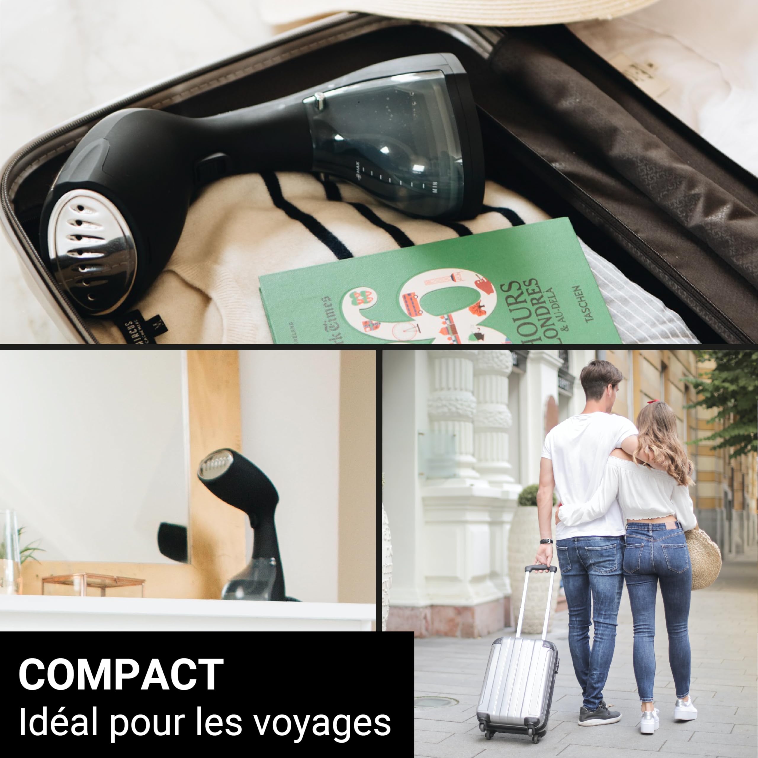 STEAMONE - Defroisseur Vapeur Portatif 1400W 24g/min - Steamer de Voyage, Autonomie 11min (260ml) - Prêt en 30s - Cable 2m - Intuitif et Performant - Tout Tissu EUTAC140B