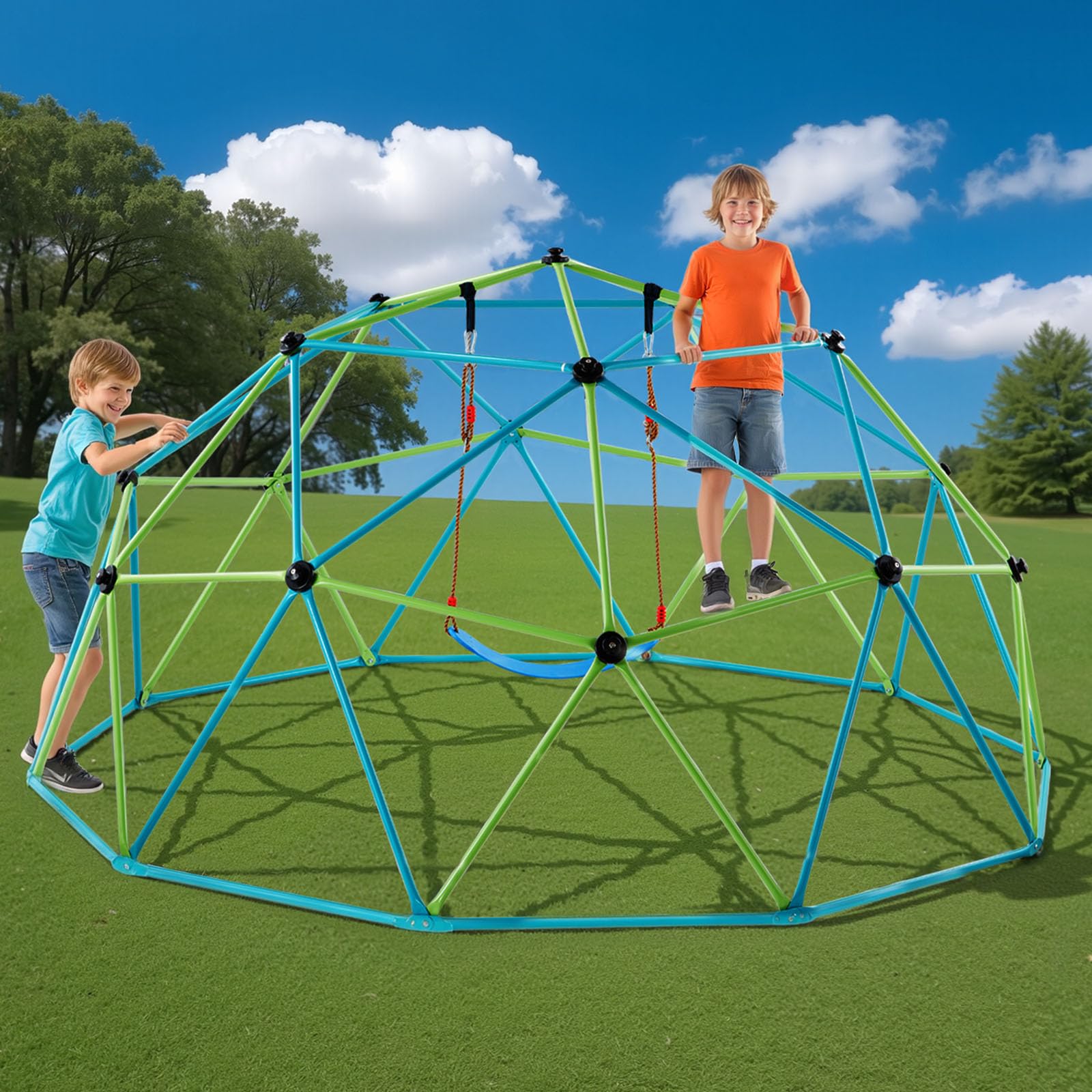 VEVOR Struttura da Arrampicata Geometrica a Cupola Larghezza 305 cm con Altalena e Amaca, Capacità di Carico 453 kg, Attrezzatura da Arrampicata per Bambini dai 3 ai 10 Anni, Parco Giochi Giardino