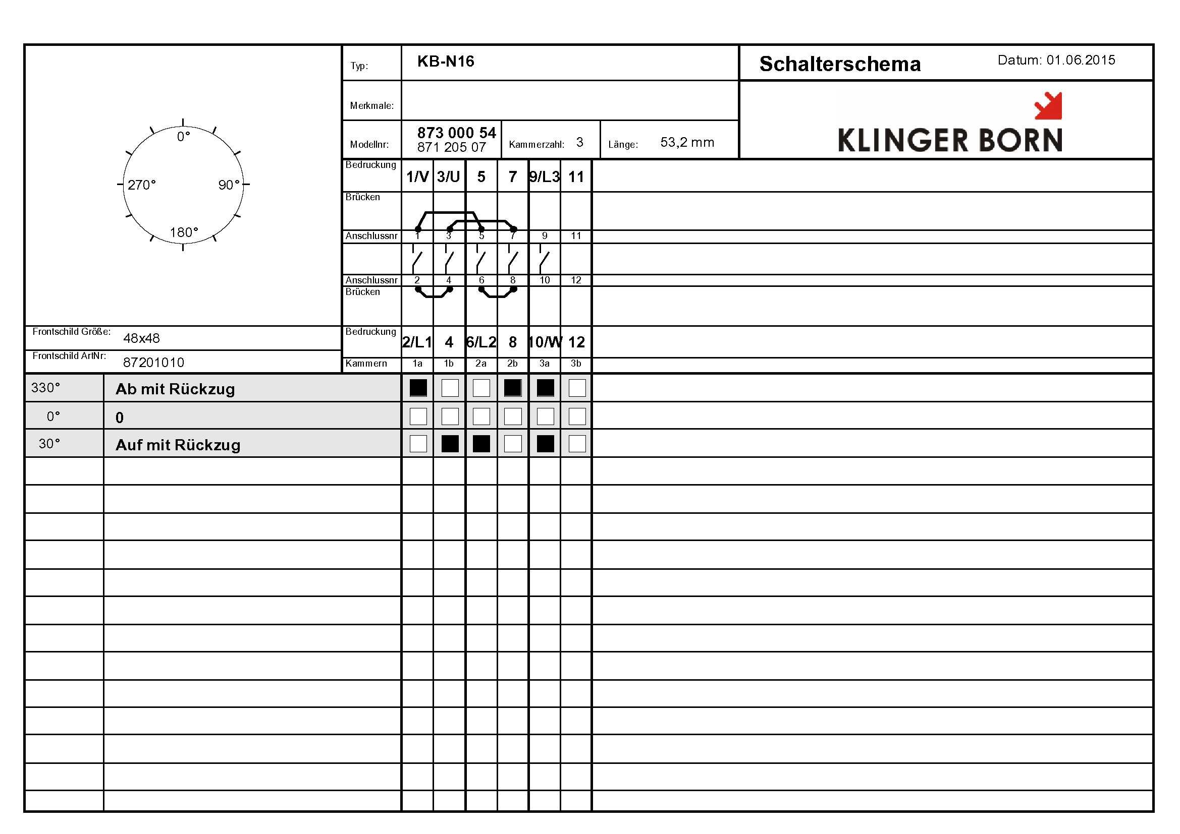 KB-N16 | AUF/AB-Schalter | Wendeschalter | 16A, 3-polig, Schaltwinkel 30° | Blende 48x48mm, schwarz-silber | Knebel schwarz | 400V/7,5kW | AC-3 | Made in Germany