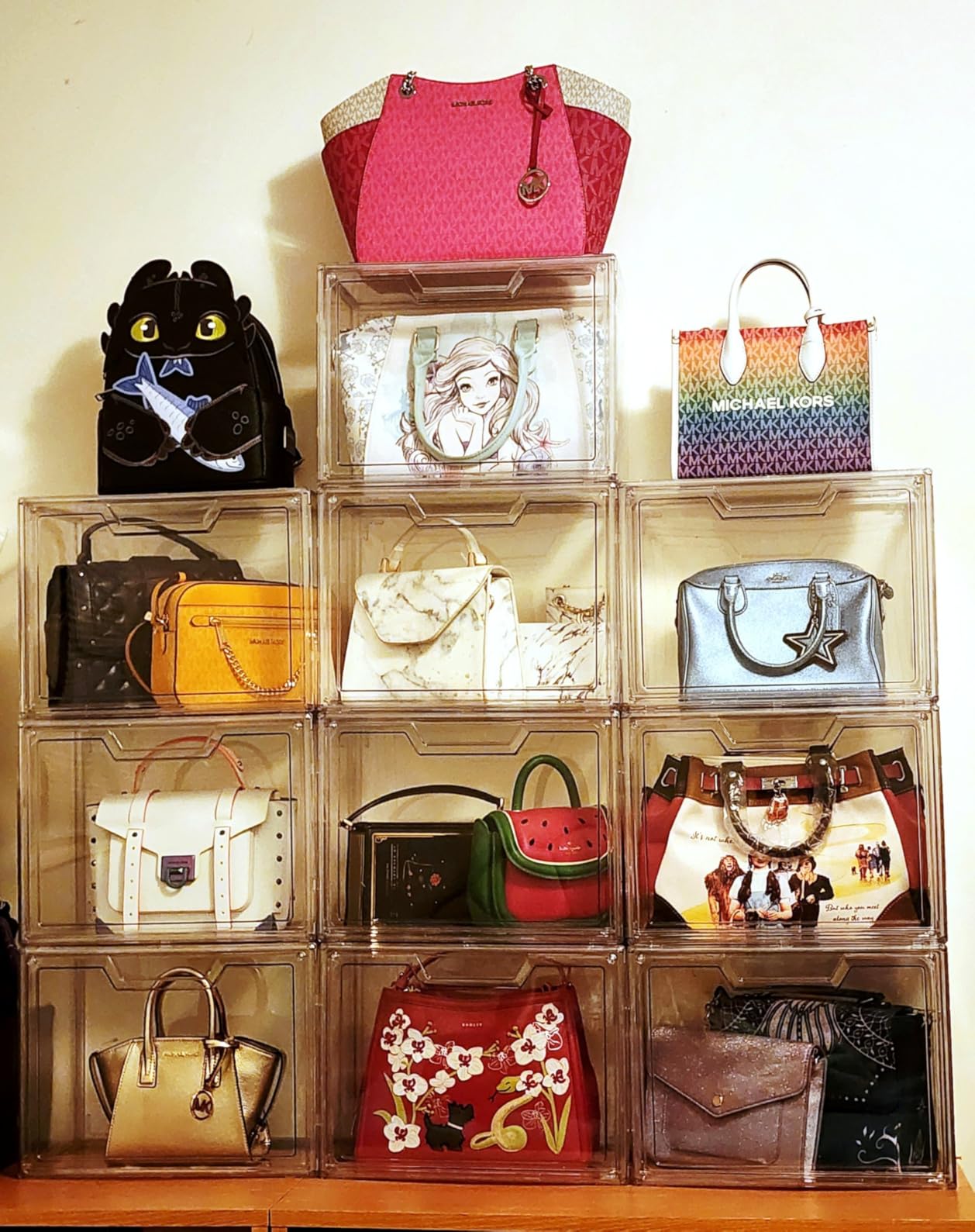 Seasonal bags stored inside clear stackable storage bins