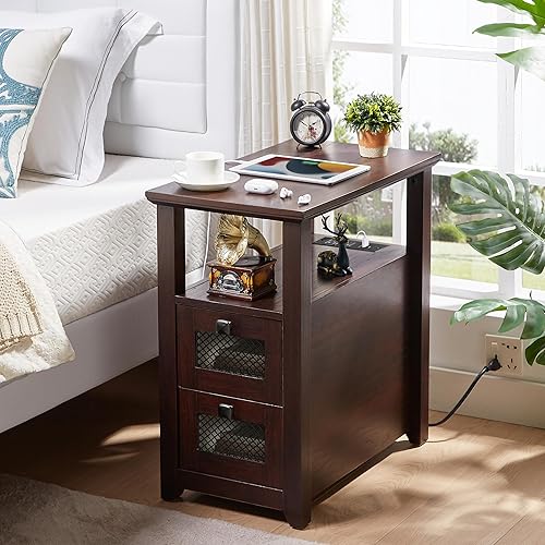 Miniatura 8 de Farmhouse - Mesa auxiliar XXL con estación de carga, mesa auxiliar estrecha con puertos USB y tomas, mesita de noche con 2 cajones de