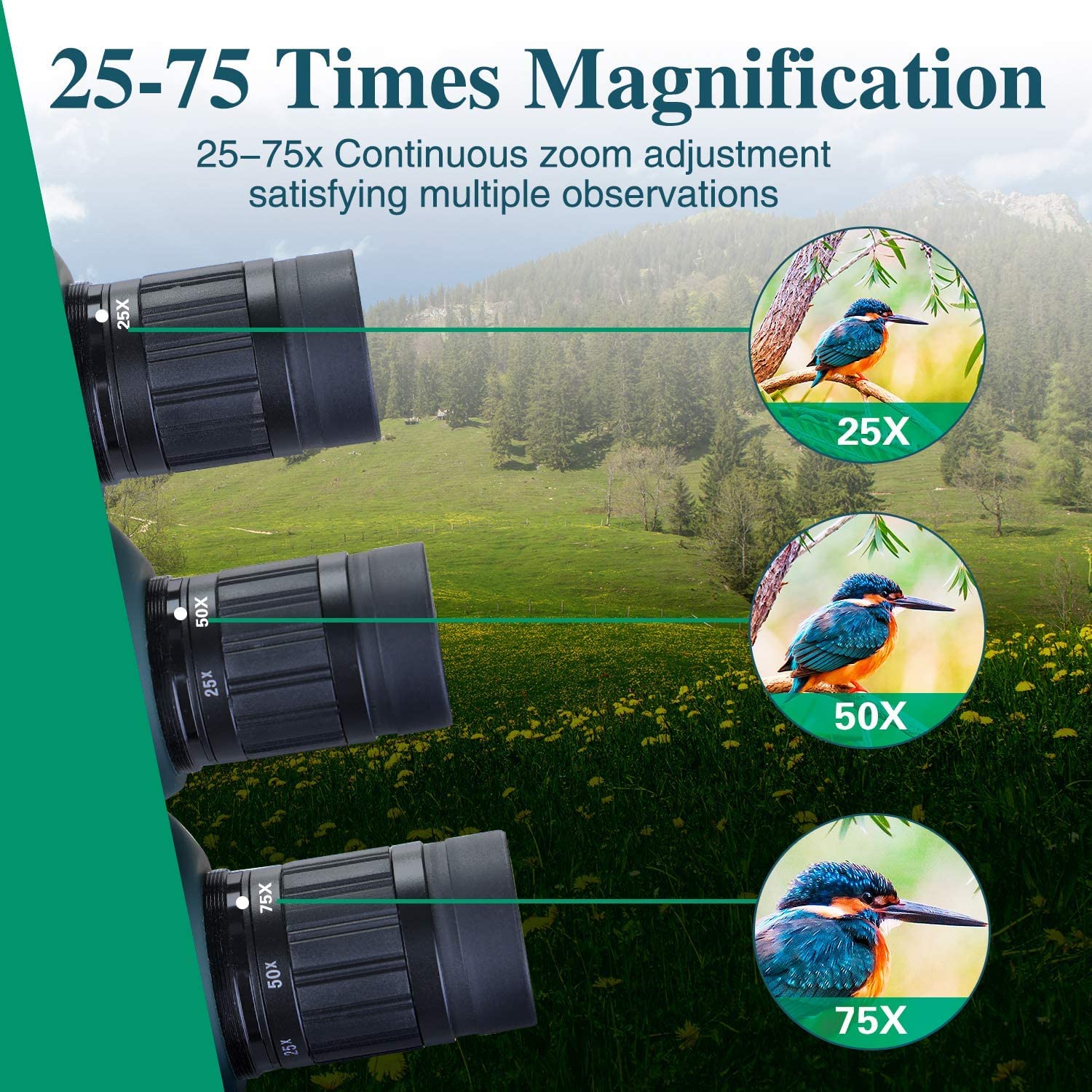 Cannocchiale Professionale 25-75x70 - Con Treppiede E Adattatore Smartphone, BAK4, Impermeabile, Per Birdwatching - Foto 13