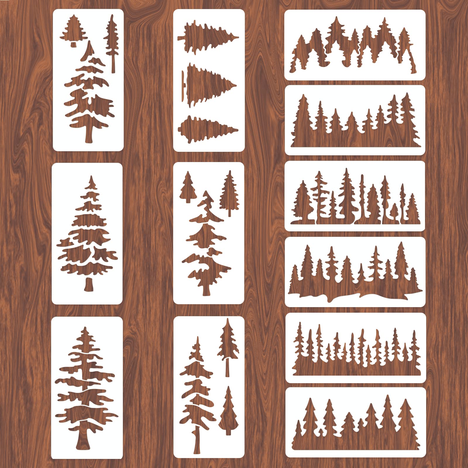 INFUNLY 12PCS Tree Stencil for Pine Tree Stencils 11.8x5.9inches Reusable Painting Template Wall Stencils for Wood Forest Wall Furniture Christmas Decor